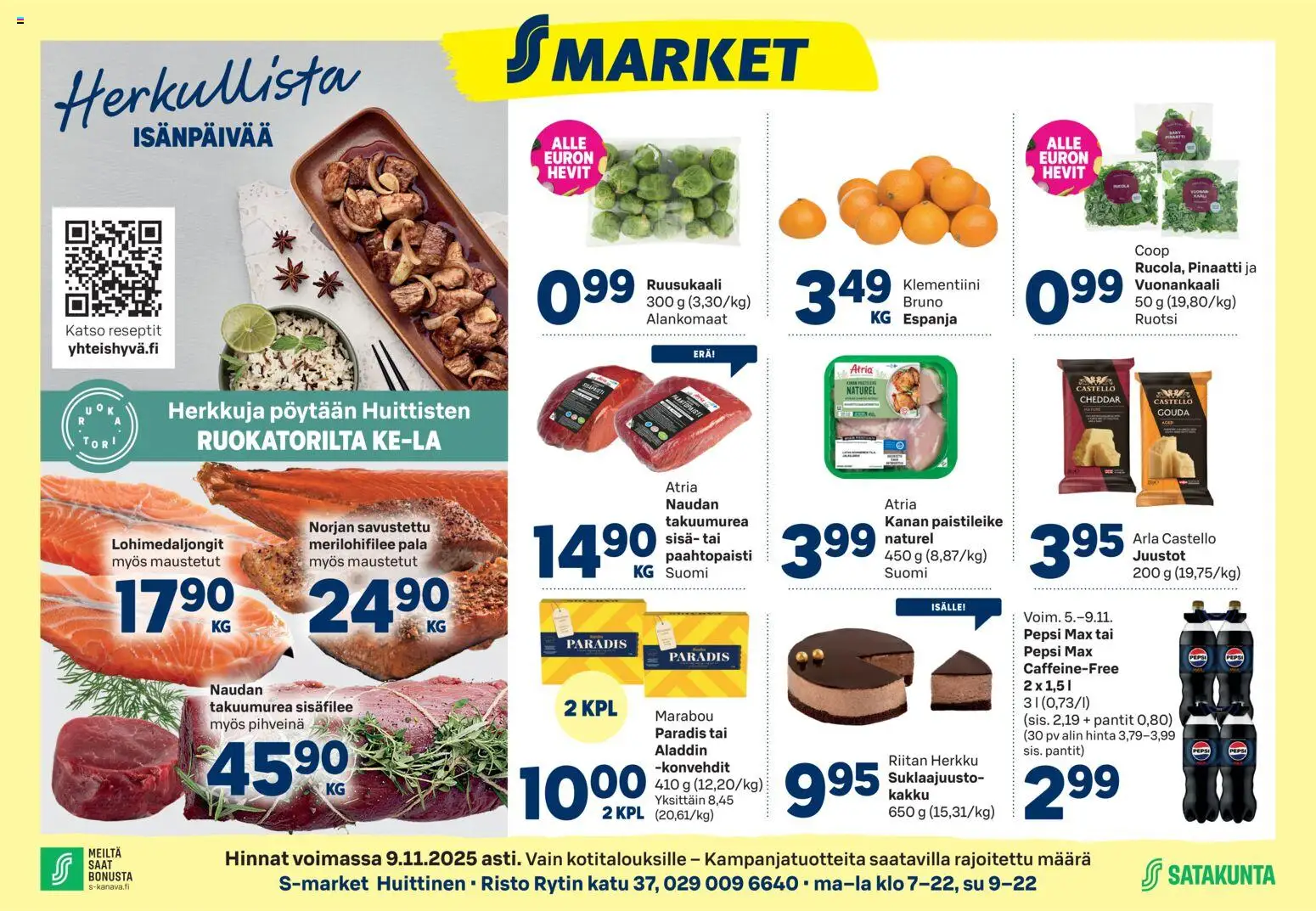 S-market Huittinen – voimassa 05.11.2025 alkaen | Sivu: 1 | Tuotteet: Pampers, Ruusukaali, Cheddar, Pinaatti