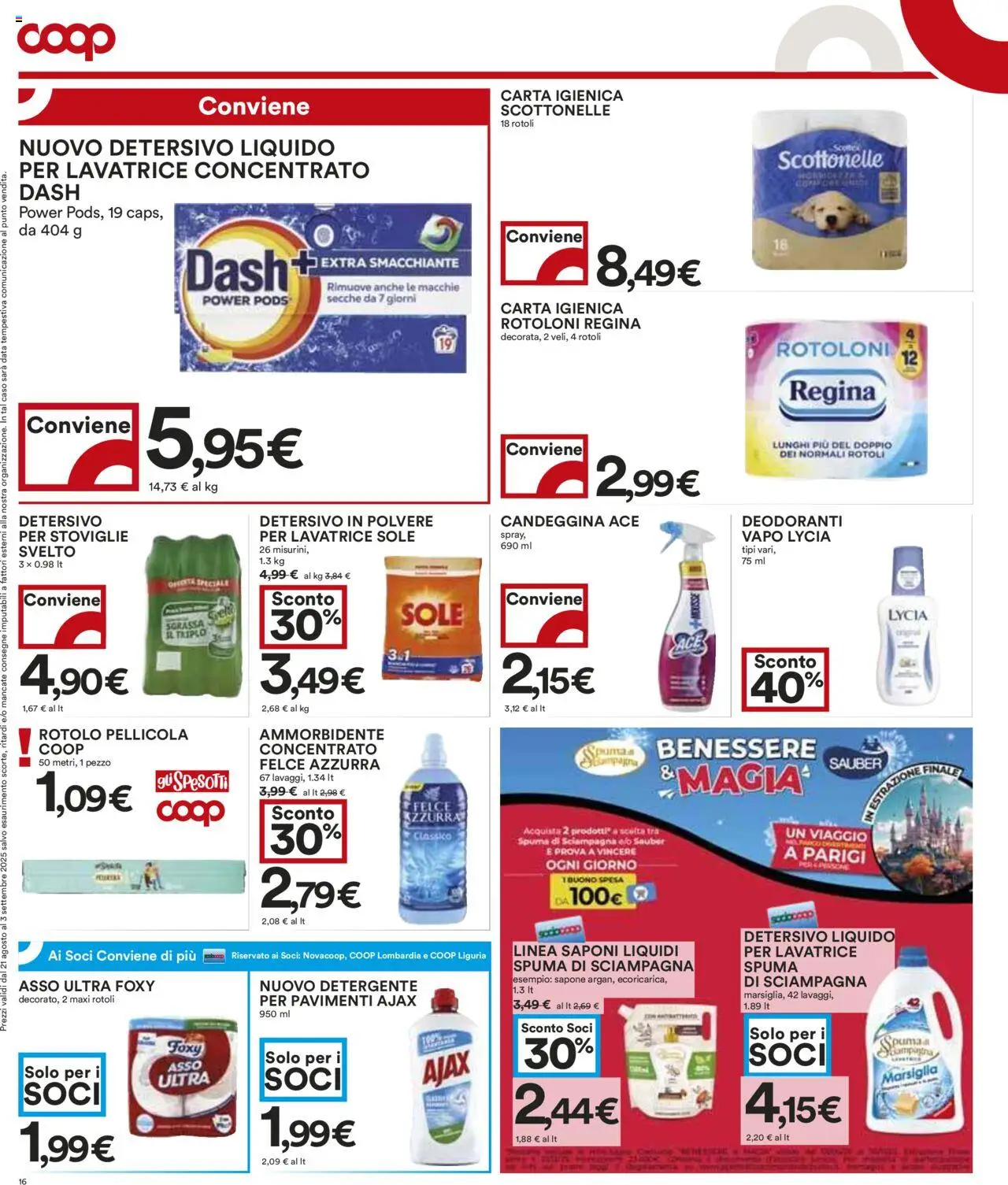 Volantino COOP del 21.08.2025 | Pagina: 16 | Prodotti: Carta igienica, Candeggina, Lavatrice, Data