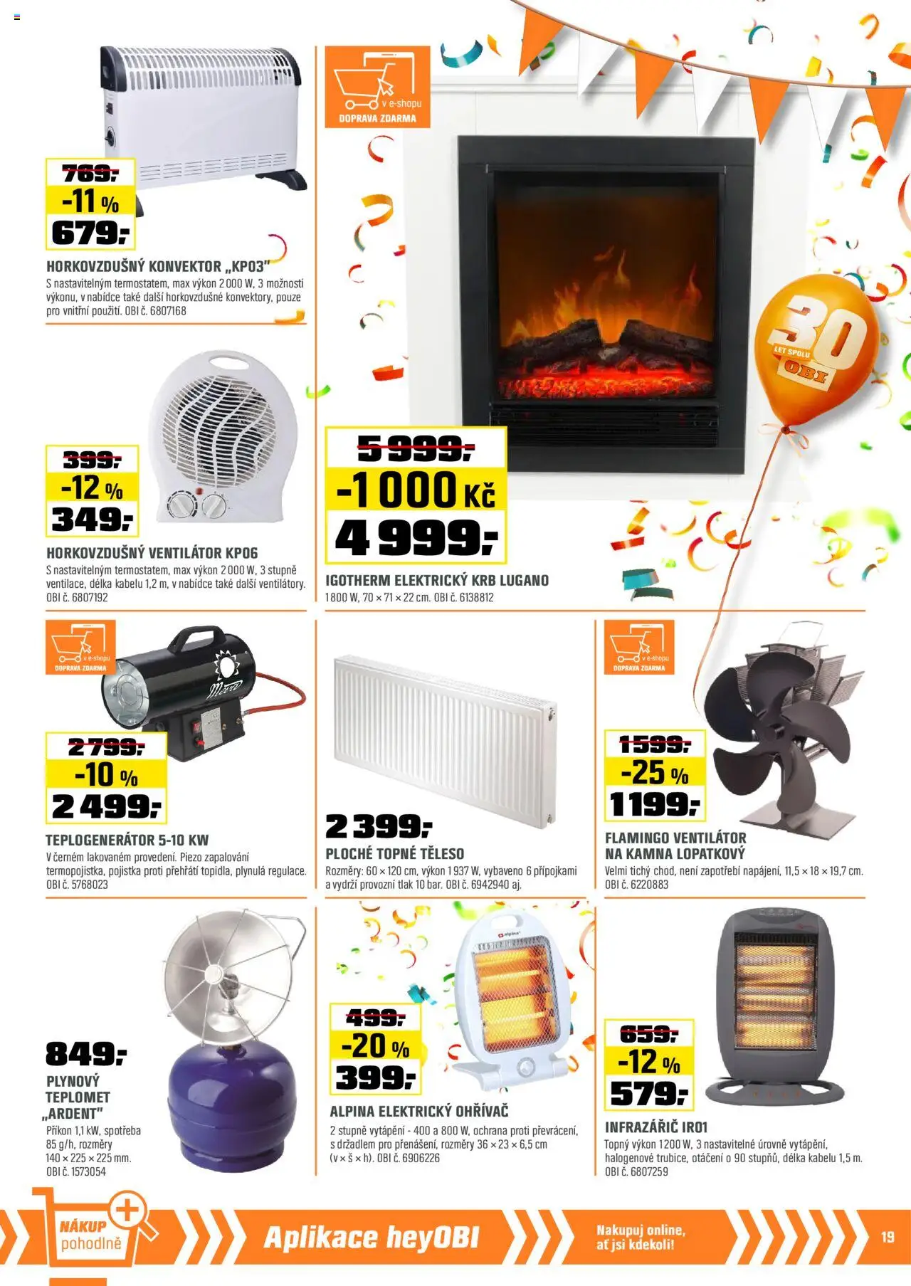 OBI leták - Slavte s námi od 01.08.2025 | Strana: 19 | Produkty: Horkovzdušný ventilátor, Ventilátor, Elektrický krb