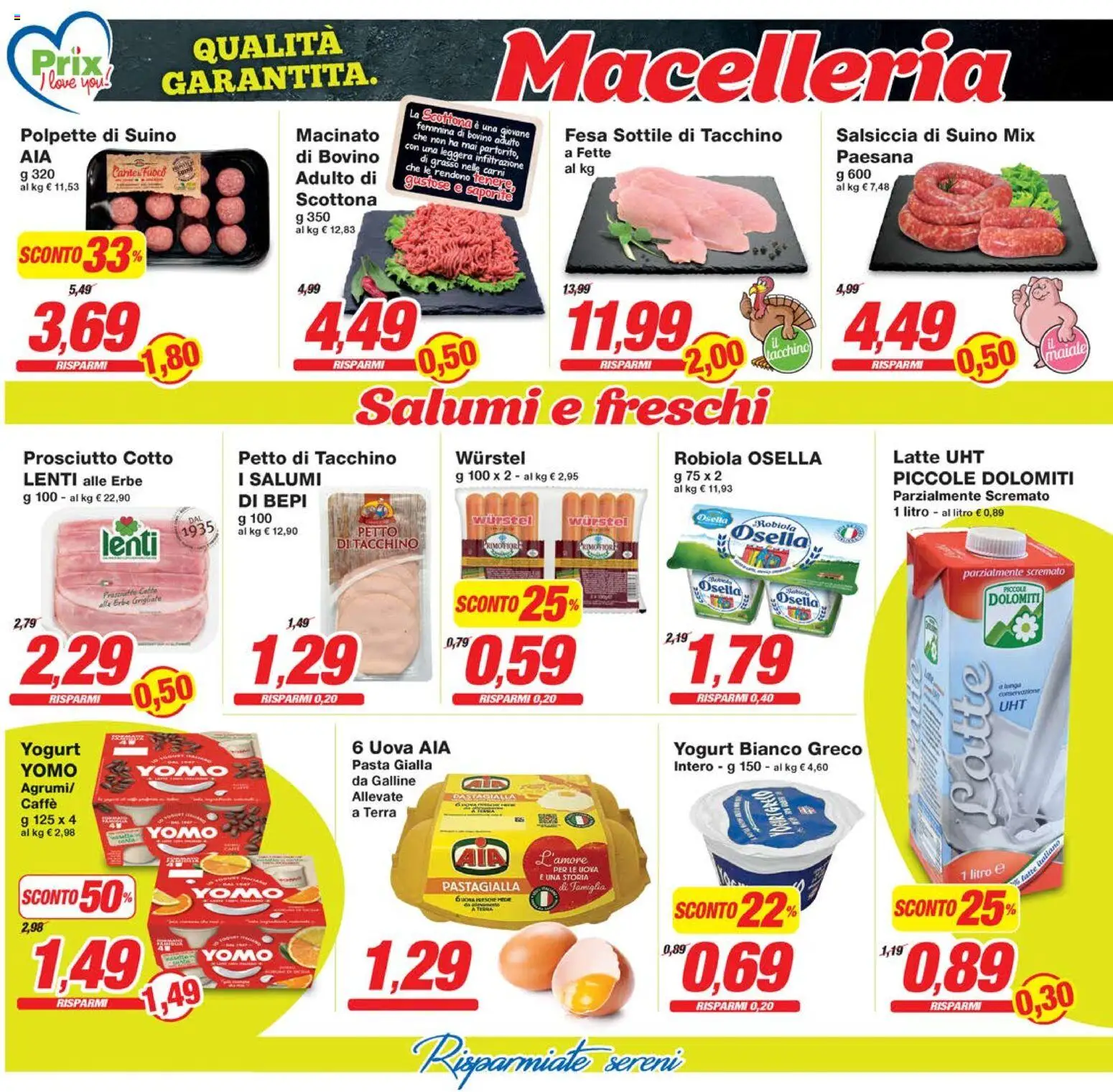 Volantino Prix del 07.11.2025 | Pagina: 10 | Prodotti: Bovino, Yogurt, Salsiccia, Pasta