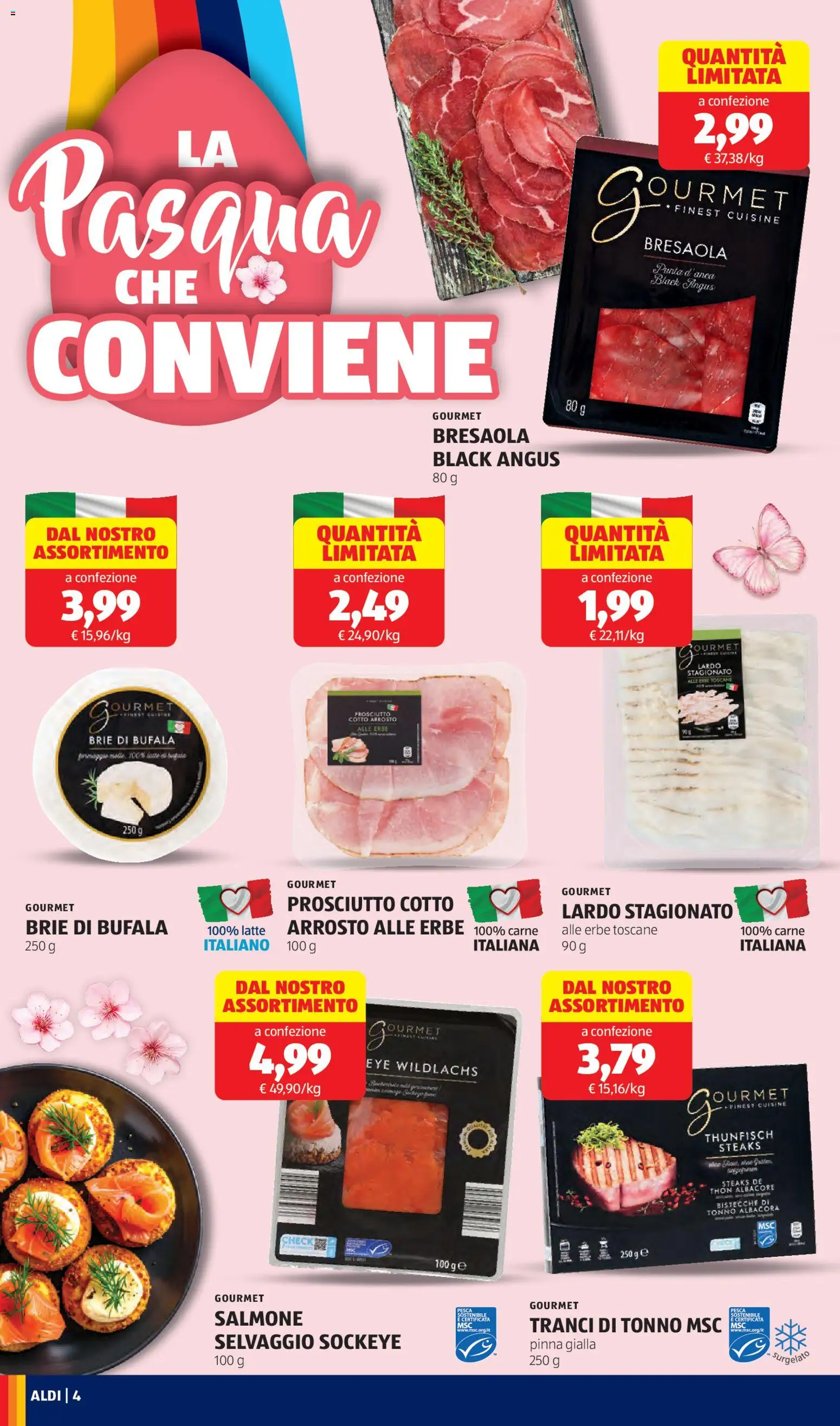 Volantino Aldi del 23.03.2026 | Pagina: 4 | Prodotti: Prosciutto Cotto, Bresaola, Latte, Tonno
