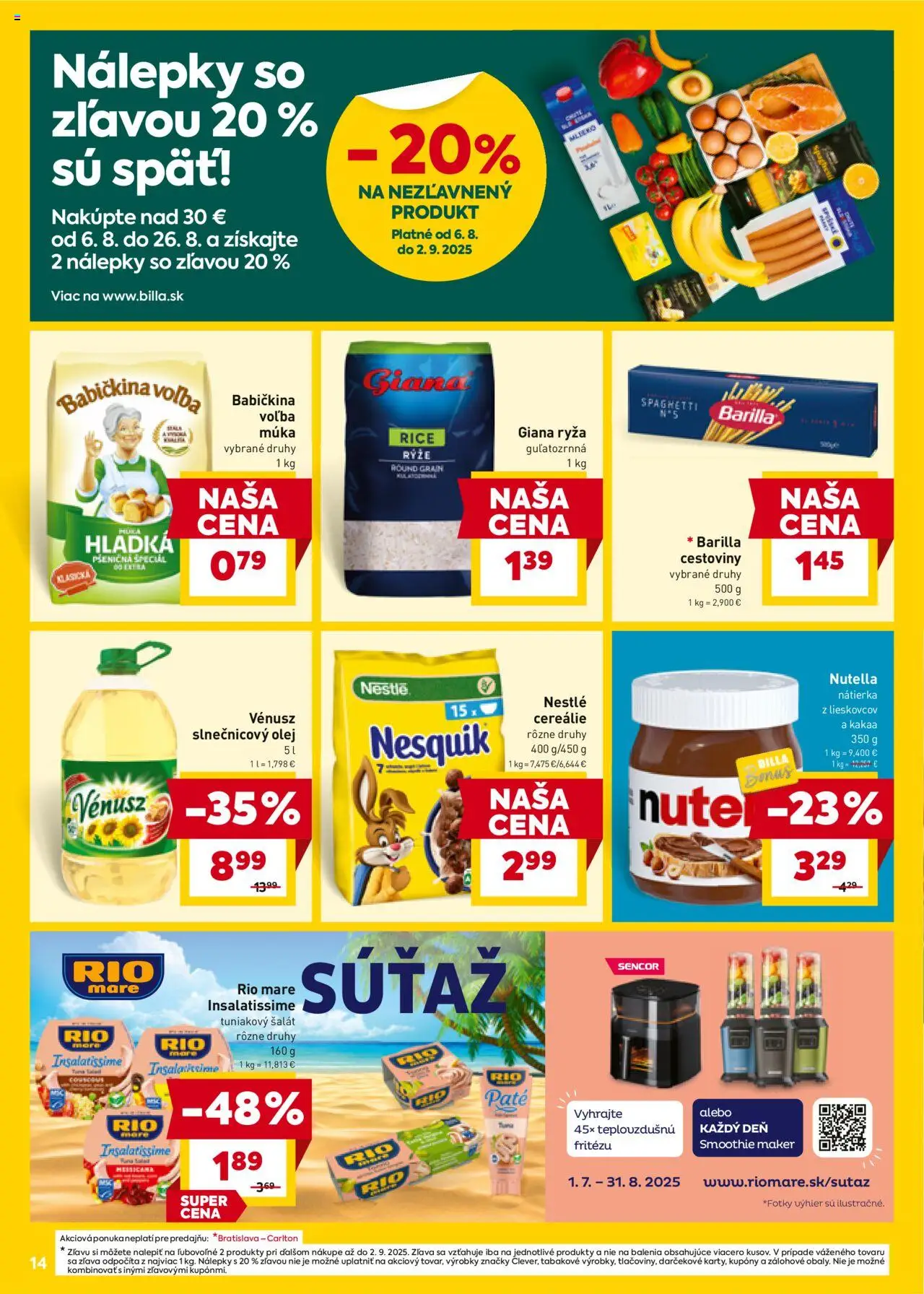 Billa leták │ platný od 13.08.2025 | Strana: 14 | Produkty: Slnečnicový olej, Múka, Šalát, Nutella