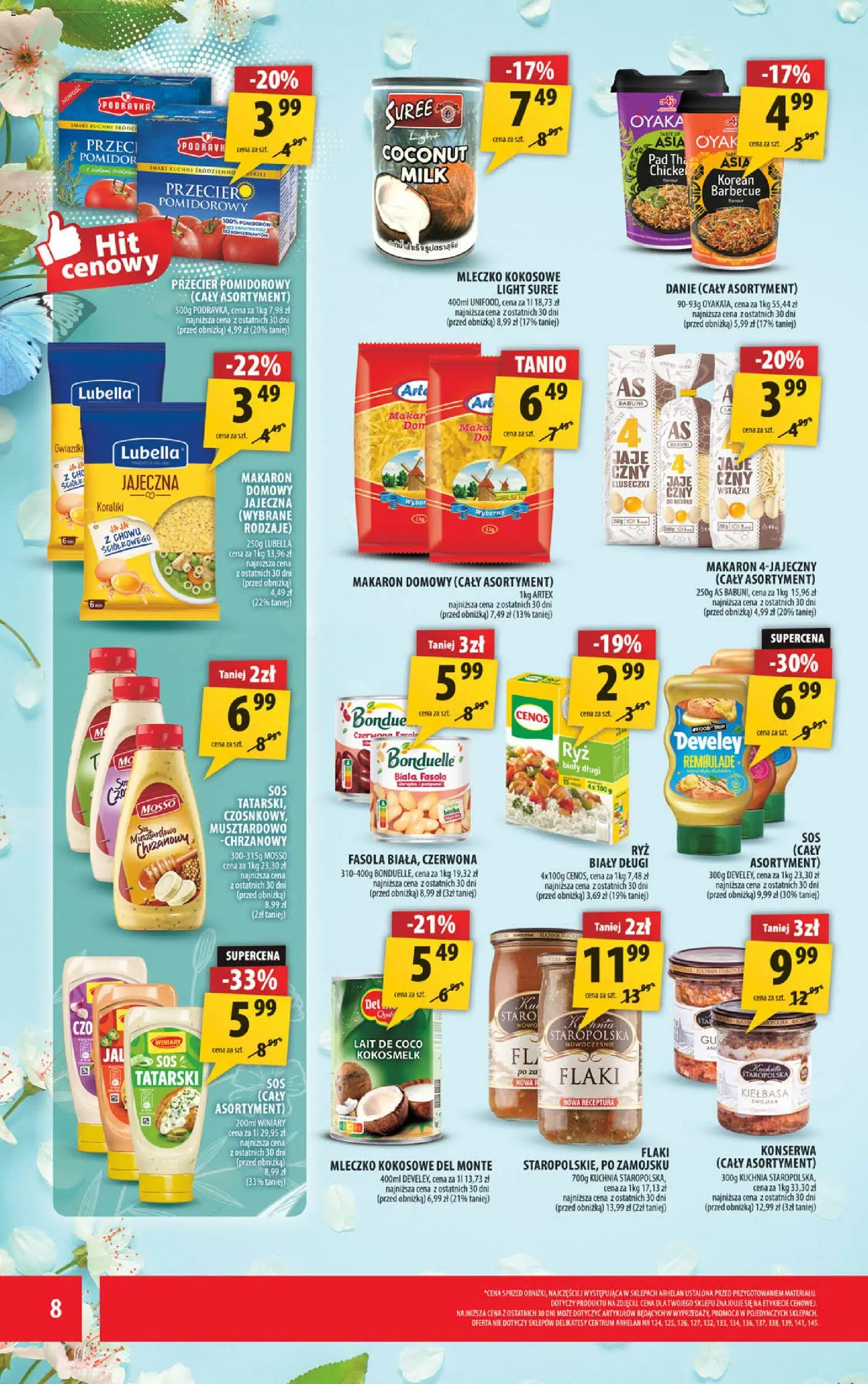 Arhelan gazetka od 08.04.2026 | Strona: 8 | Produkty: Przecier pomidorowy, Flaki, Mleczko kokosowe, Jaja