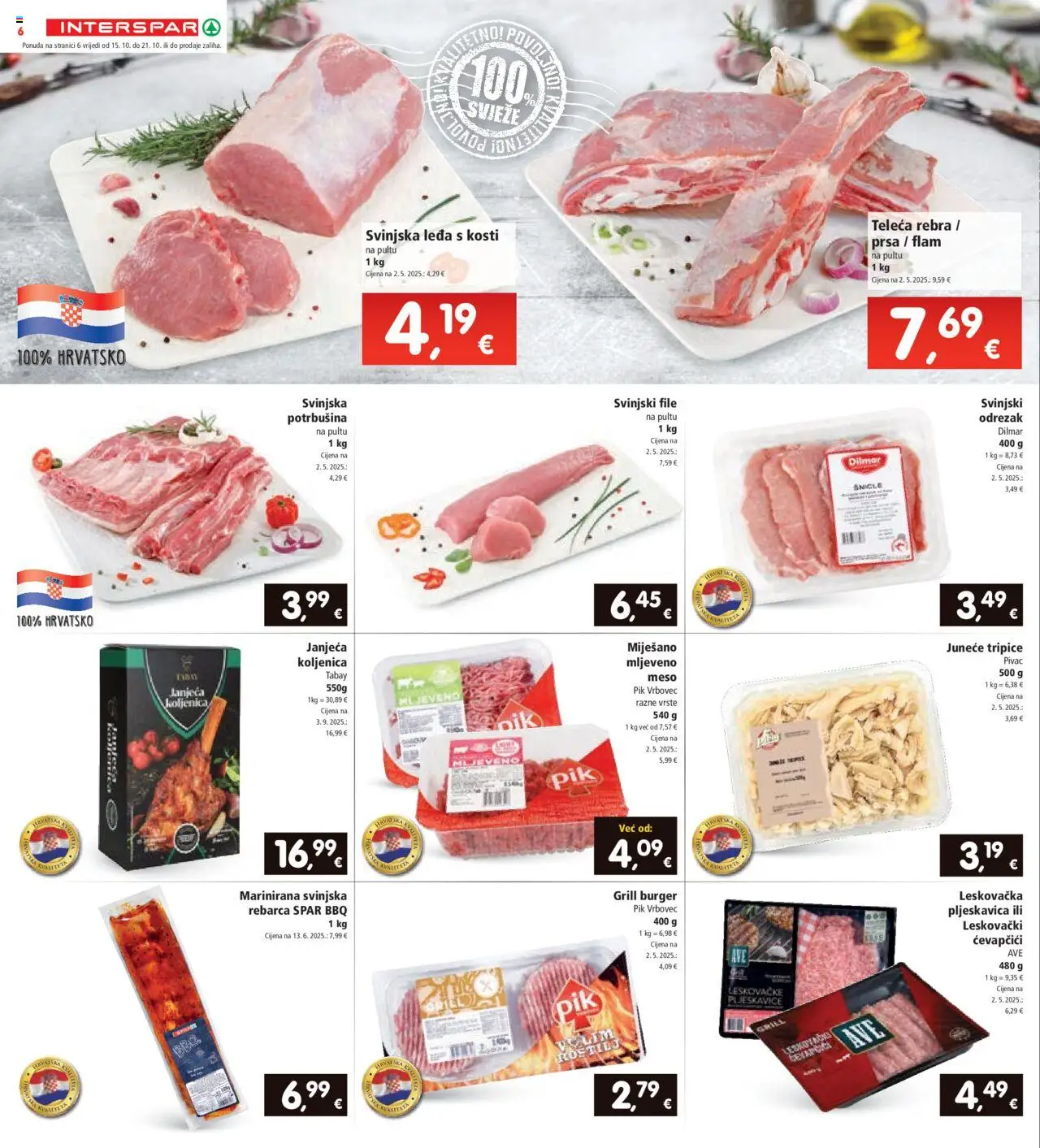 Interspar katalog | vrijedi od 15.10.2025 | Stranica: 6 | Proizvodi: Svinjski file, Pljeskavice, Pik Vrbovec, Ćevapčići