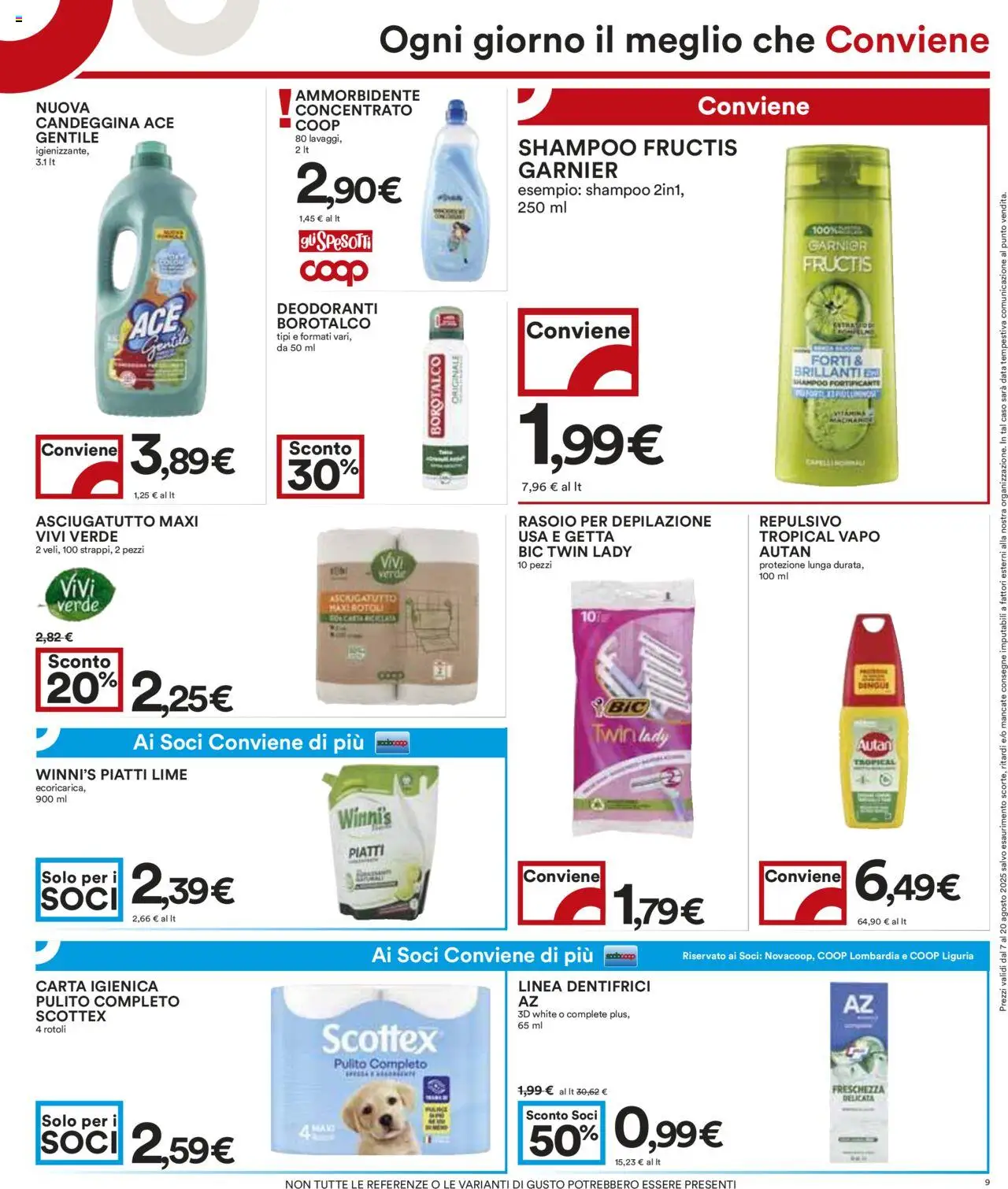 Volantino COOP del 07.08.2025 | Pagina: 9 | Prodotti: Rasoio, Ammorbidente, Candeggina, Asciugatutto