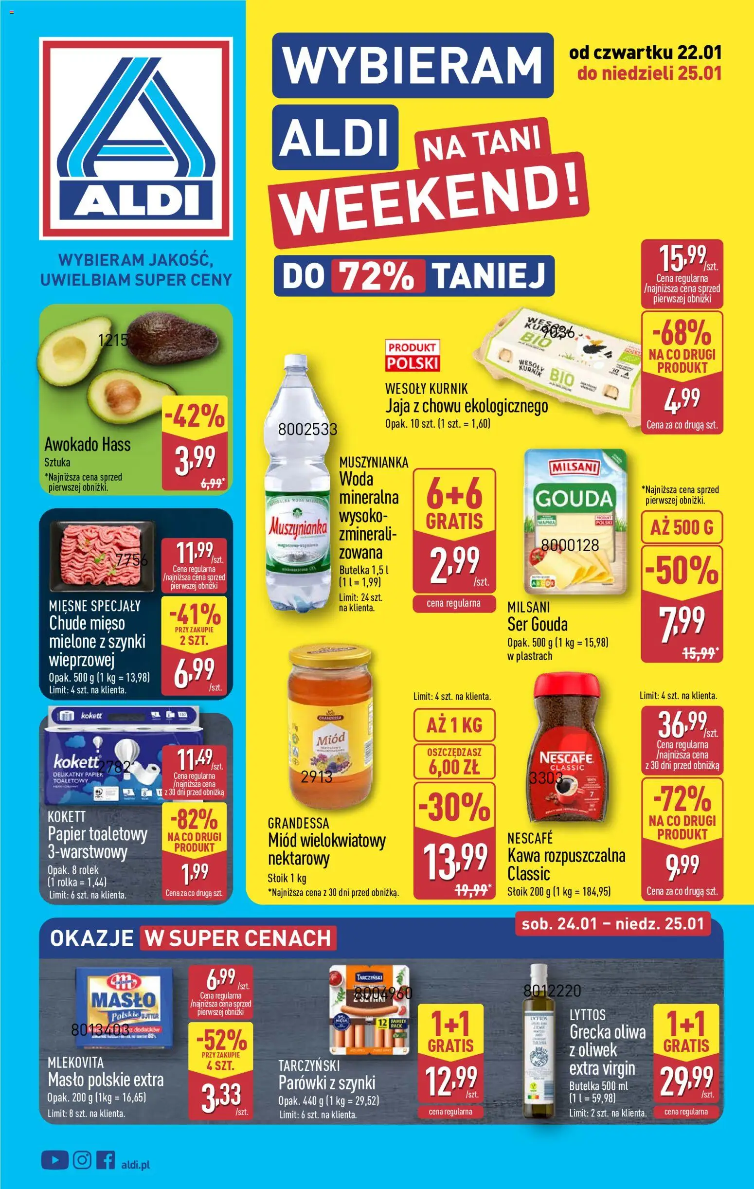 Aldi Gazetka - Okazje na weekend od 22.01.2026 | Strona: 1 | Produkty: Papier toaletowy, Nescafe, Ser, Jaja