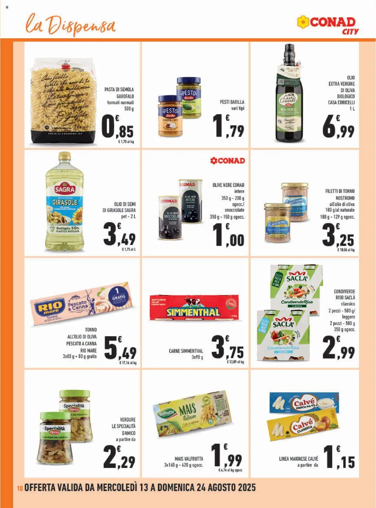 Volantino Conad del 13.08.2025 | Pagina: 10 | Prodotti: Olive, Tonno, Olio di semi di girasole, Bottiglia
