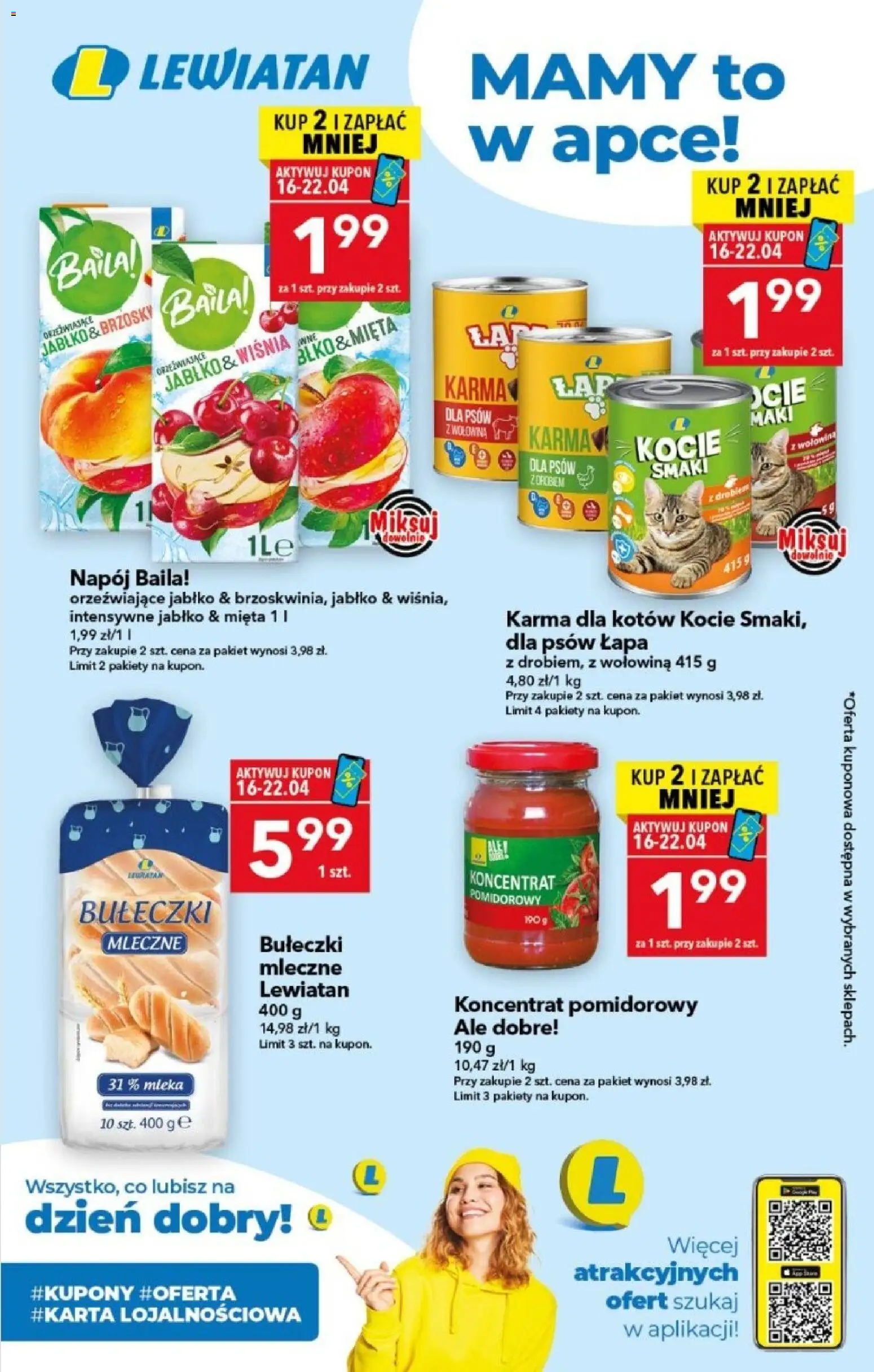 Lewiatan gazetka - Mamy to w apce od 16.04.2026 | Strona: 1 | Produkty: Koncentrat pomidorowy, Karma dla kotów, Wołowina, Karma dla psów