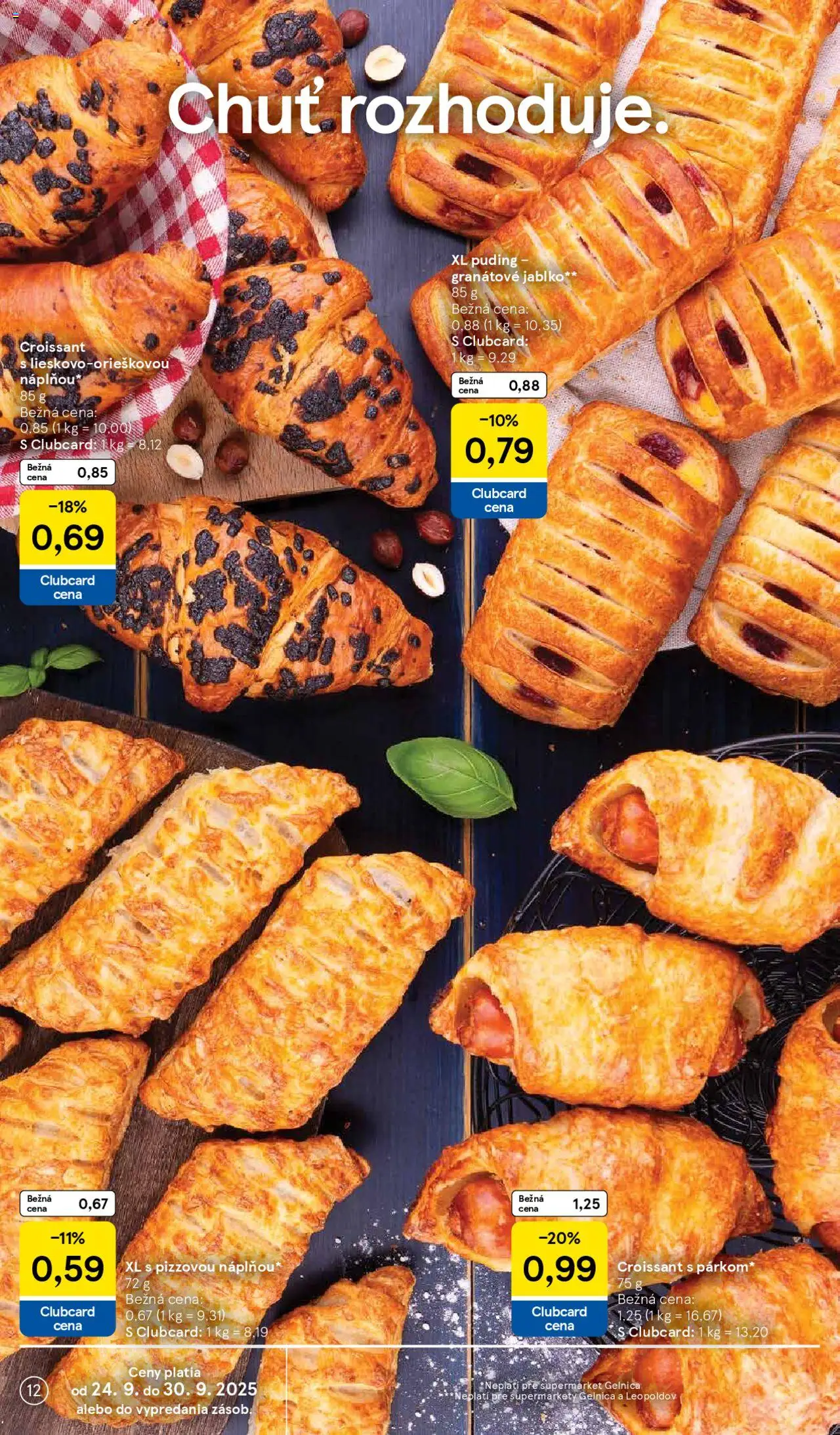Nové Tesco akcie – leták je platný od 24.09.2025 | Strana: 12 | Produkty: Pizza, Croissant, Puding