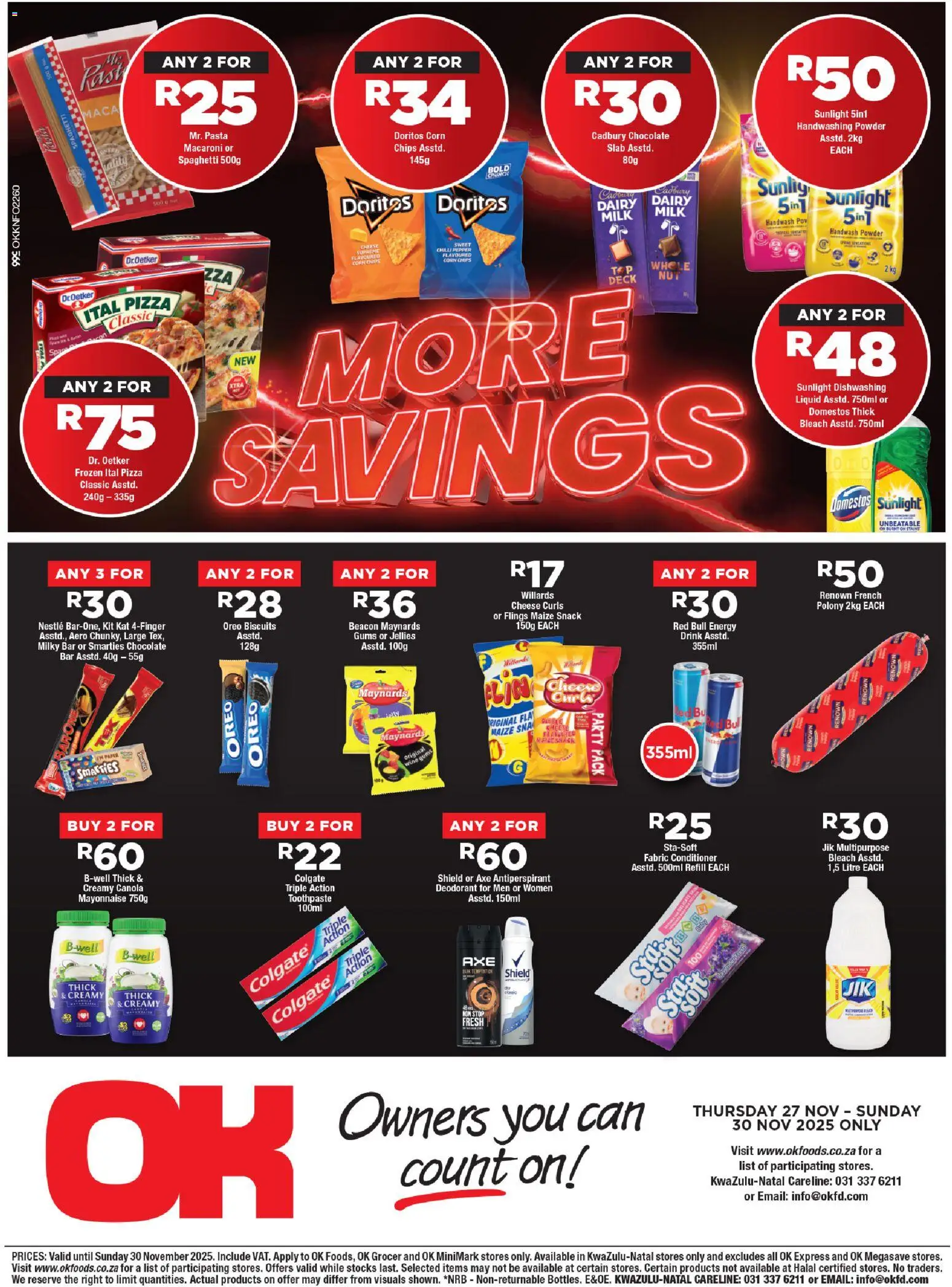 New OK Foods catalogue – valid from 27.11.2025 | Page: 2 | Products: Milk, Biscuits, Chilli, Dishwashing liquid