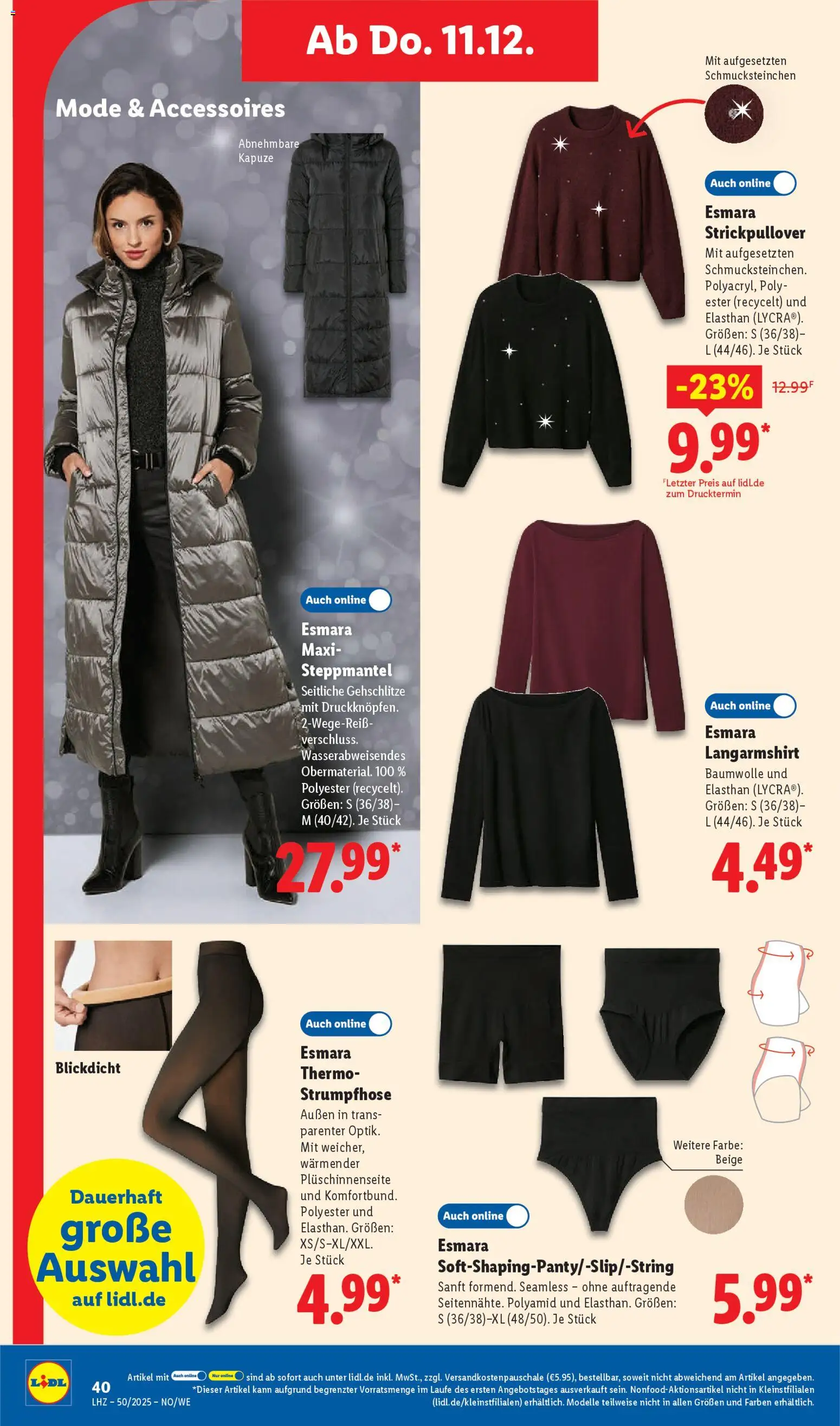 Lidl Prospekt Holzminden – gültig ab 08.12.2025 | Seite: 54 | Produkte: Steppmantel, Langarmshirt, Strumpfhose