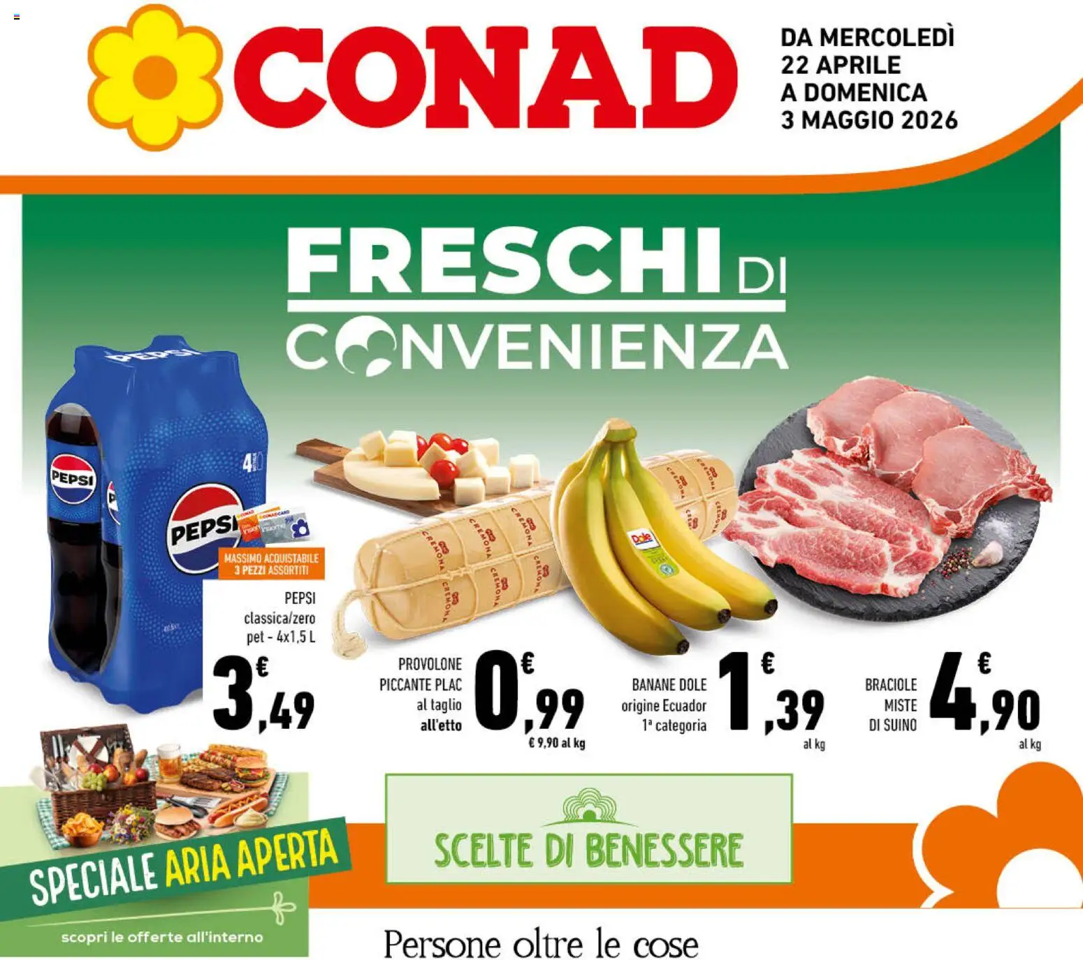 Volantino Conad del 22.04.2026 | Pagina: 1 | Prodotti: Provolone, Banane, Suino, Pepsi