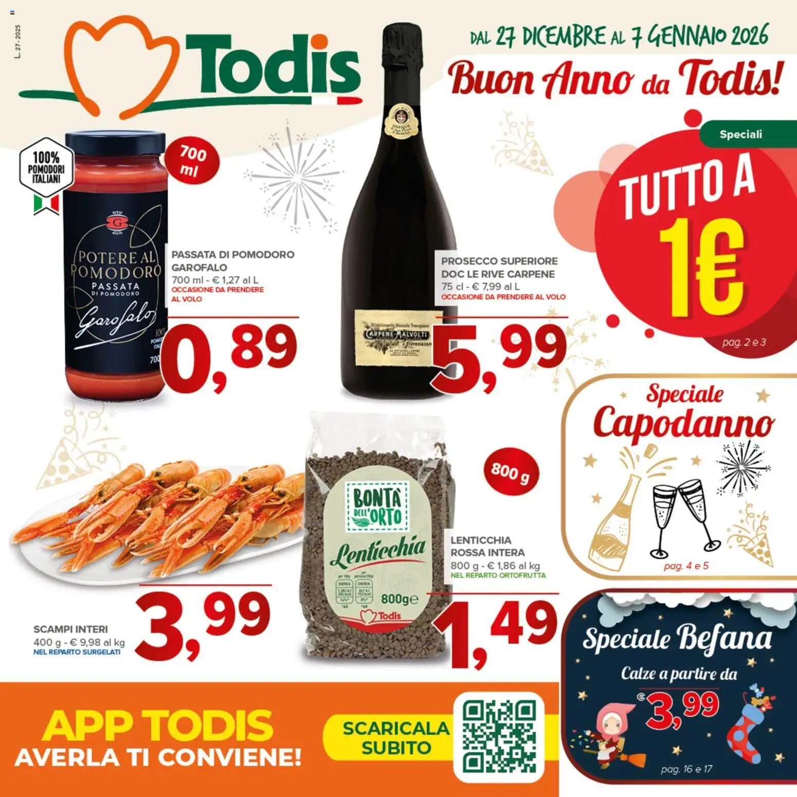 Volantino Todis del 27.12.2025 | Pagina: 1 | Prodotti: Prosecco, Pomodoro, Pomodori, Passata di pomodoro