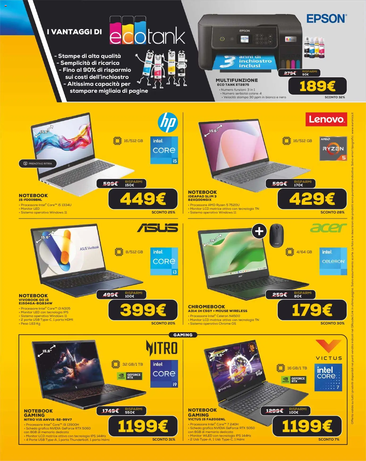 Volantino Euronics del 31.10.2025 | Pagina: 7 | Prodotti: Notebook, Mouse, USB, Stampa