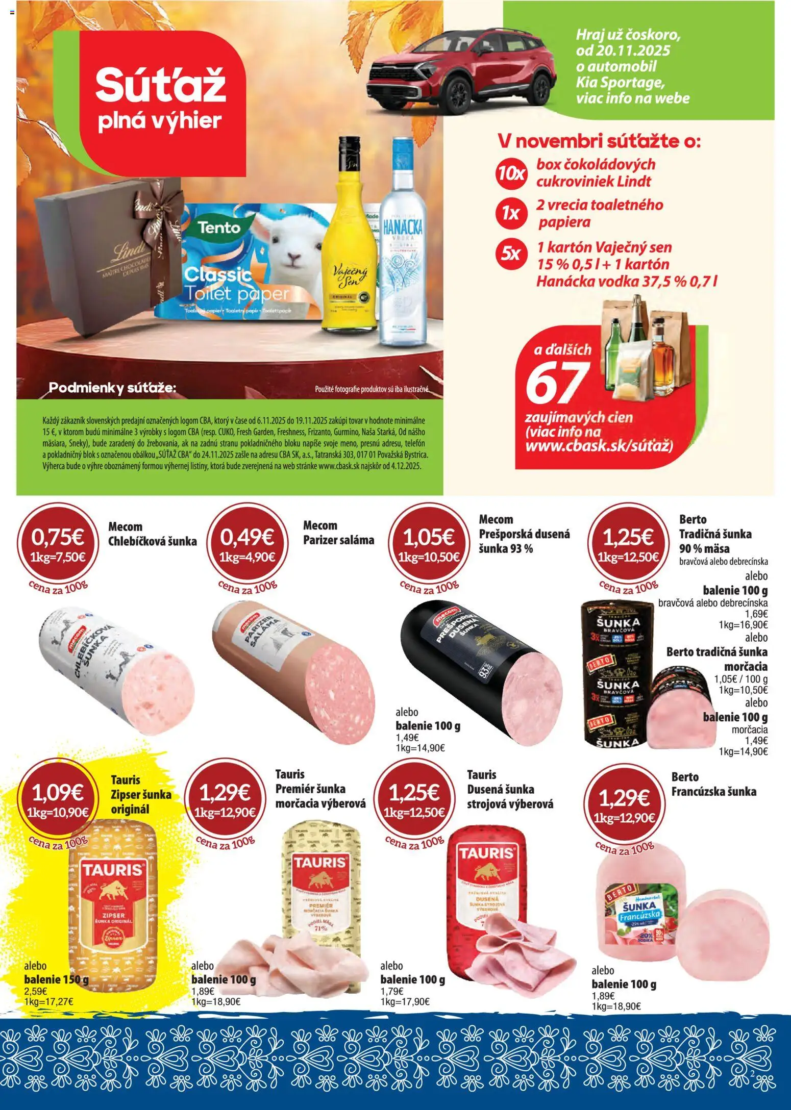 Nové CBA Komfos akcie – leták je platný od 06.11.2025 | Strana: 2 | Produkty: Telefón, Saláma, Lindt