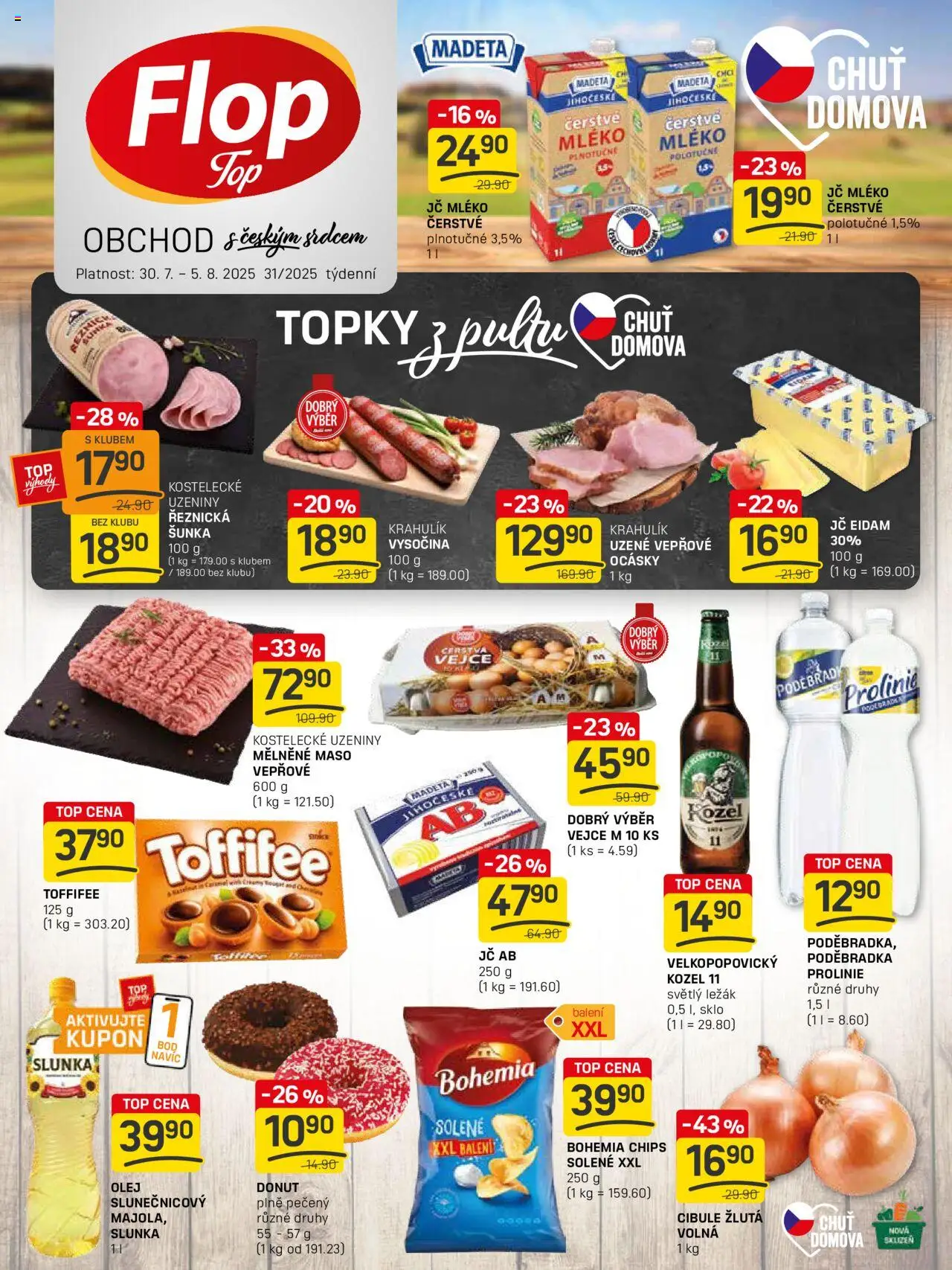 Flop leták - FlopTop od 30.07.2025 | Strana: 1 | Produkty: Vejce, Olej, Šunka, Uzeniny