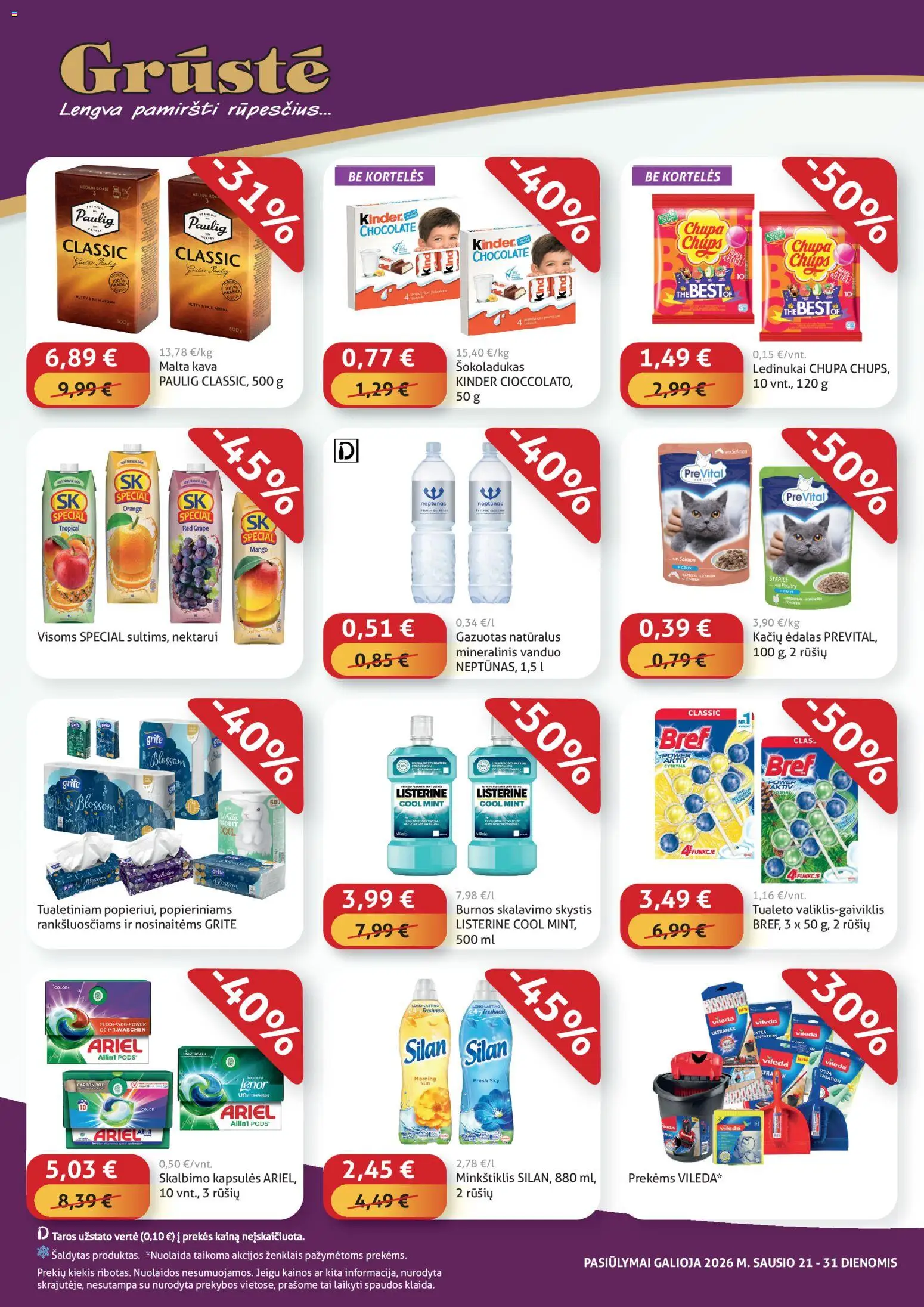 GRUSTE akcijos nuo 21.01.2026 | Puslapis: 4 | Prekių: Ledinukai, Kava, Burnos skalavimo skystis, Mineralinis vanduo
