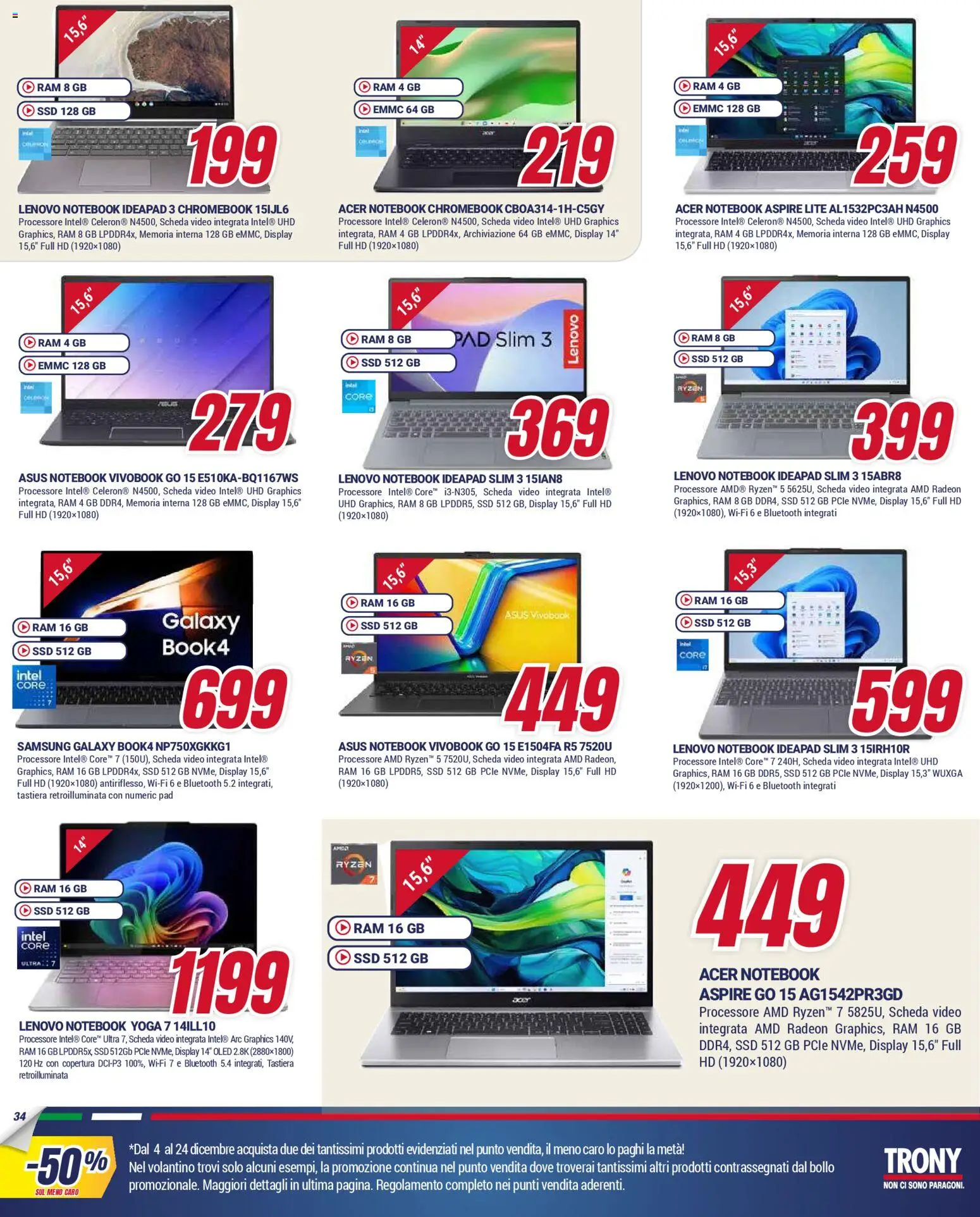 Volantino Trony del 04.12.2025 | Pagina: 34 | Prodotti: Notebook, Samsung Galaxy, Tastiera, Samsung