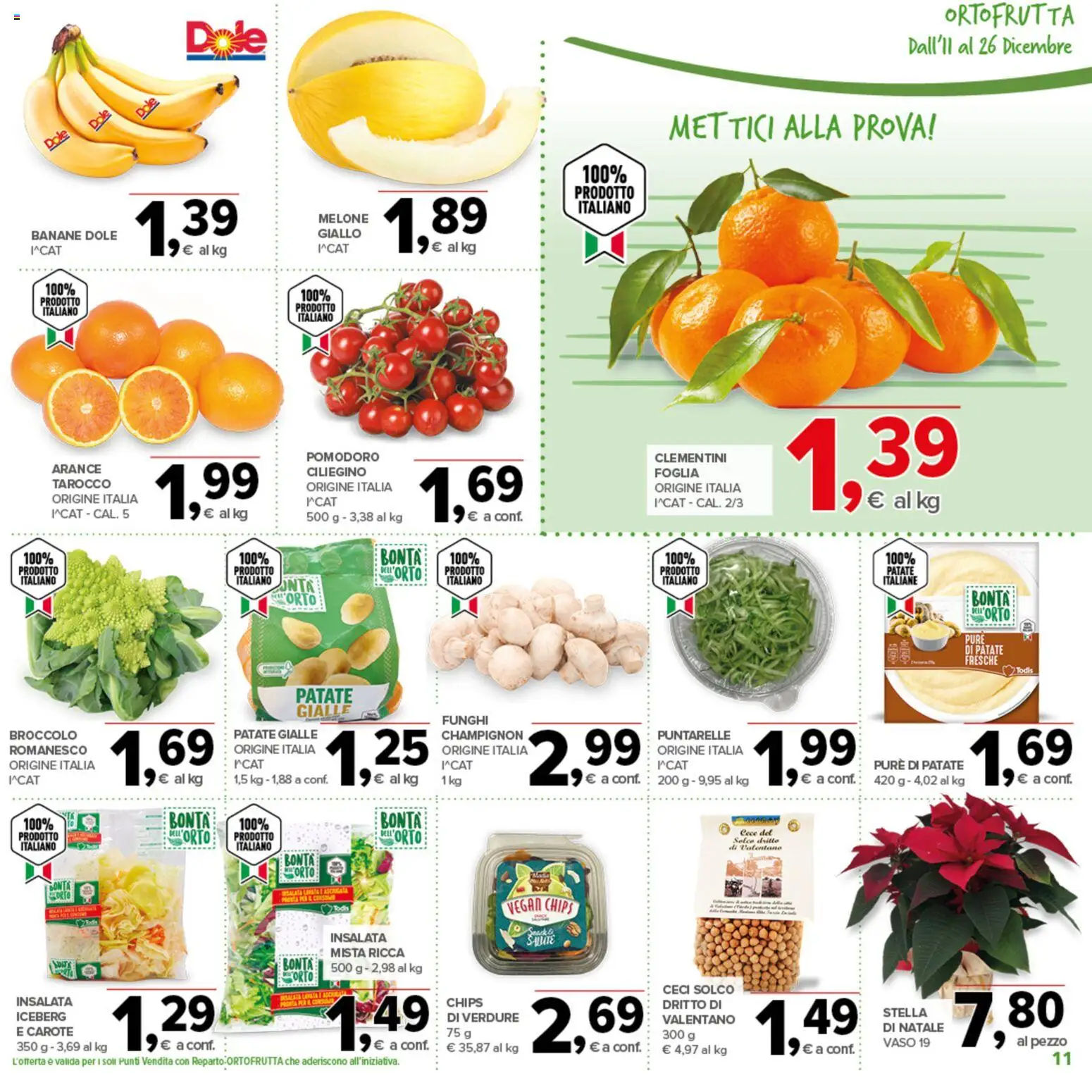 Volantino Todis del 11.12.2025 | Pagina: 11 | Prodotti: Banane, Pomodoro, Carote, Vaso