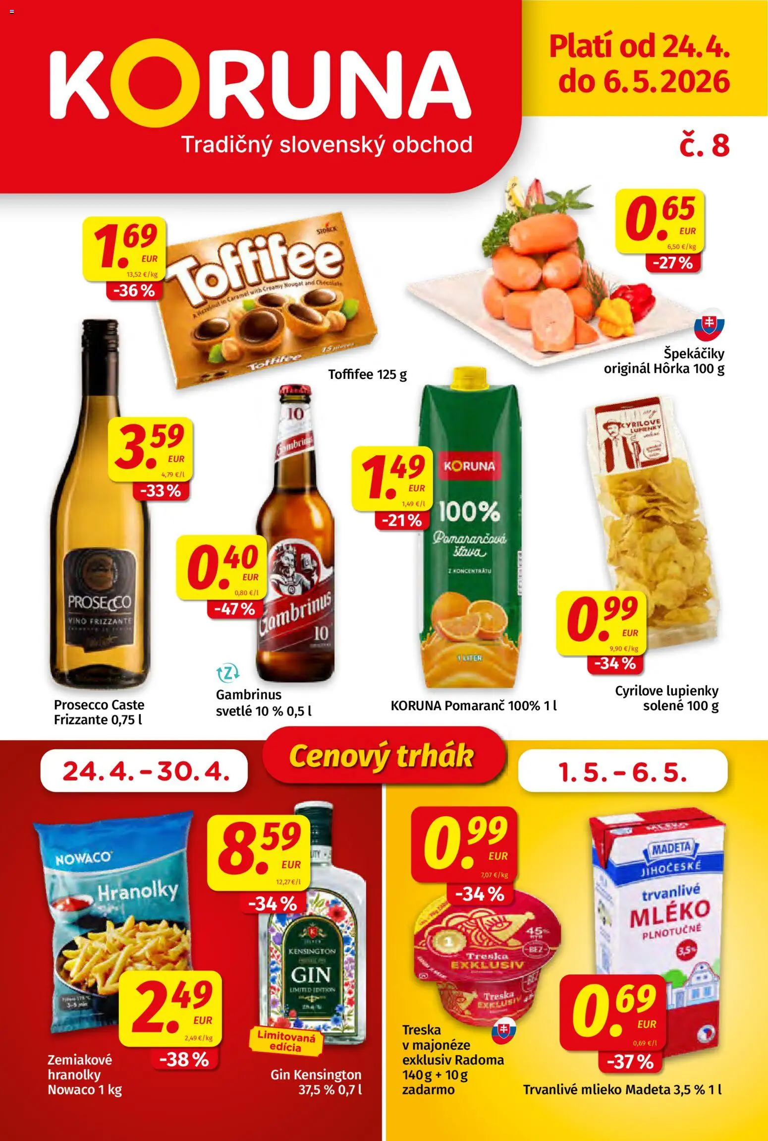 Nové Koruna akcie – leták je platný od 24.04.2026 | Strana: 1 | Produkty: Víno, Prosecco, Gambrinus, Treska