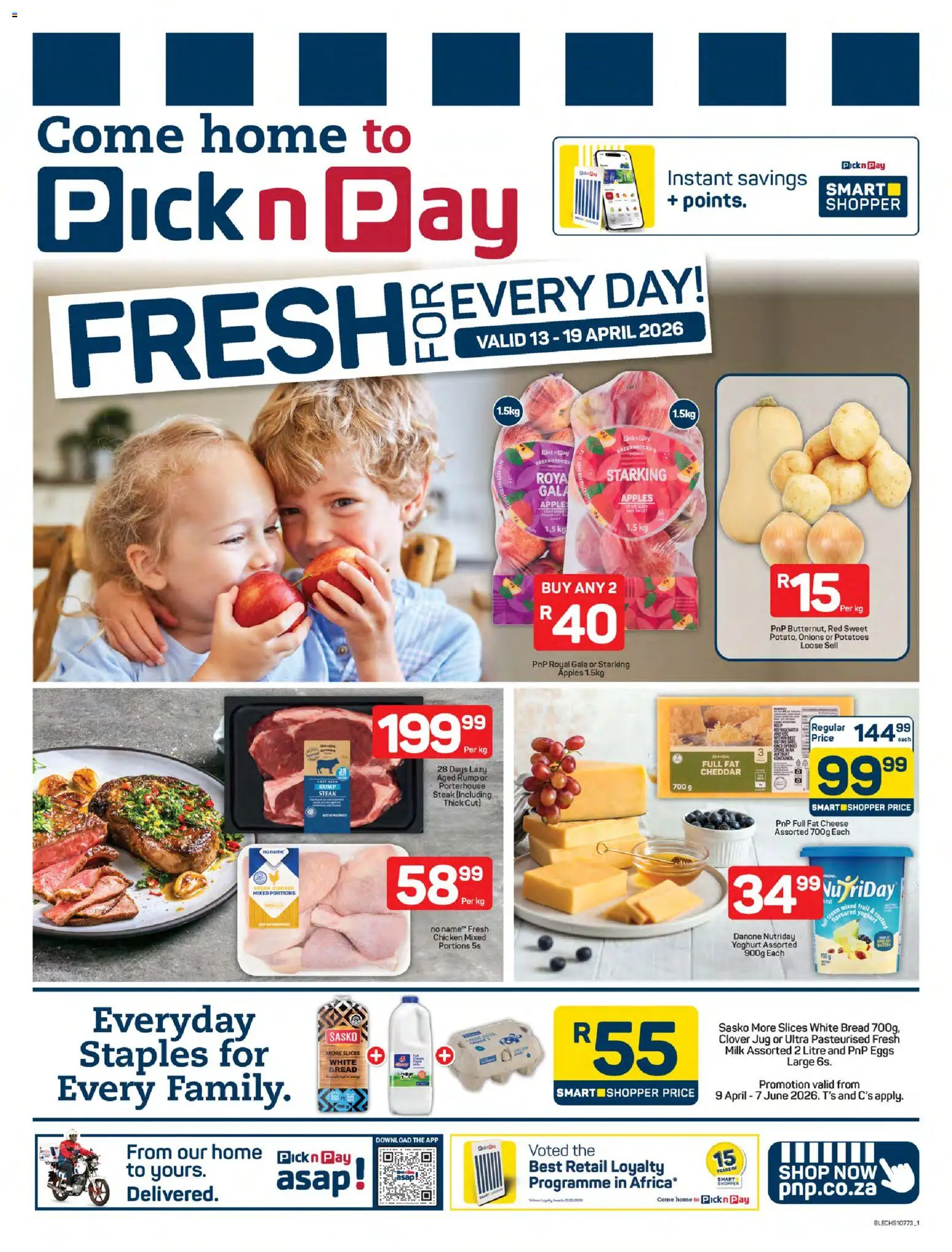 New Pick n Pay catalogue – valid from 13.04.2026 | Page: 1 | Products: Steak, Milk, Eggs, Cream