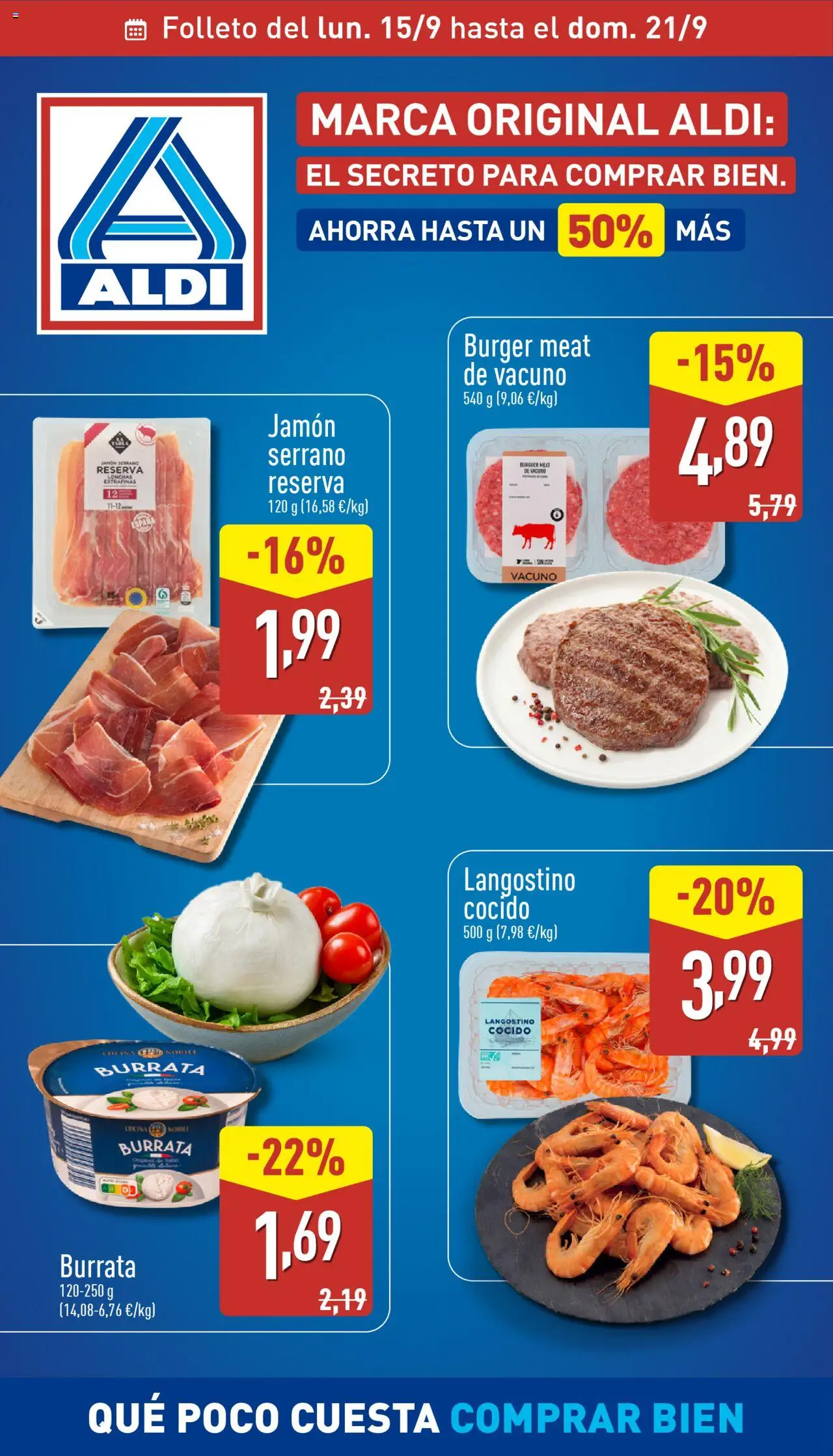 Aldi folleto Península │ válido desde el 15.09.2025 | Página: 1 | Productos: Jamón serrano, Jamón, Langostino