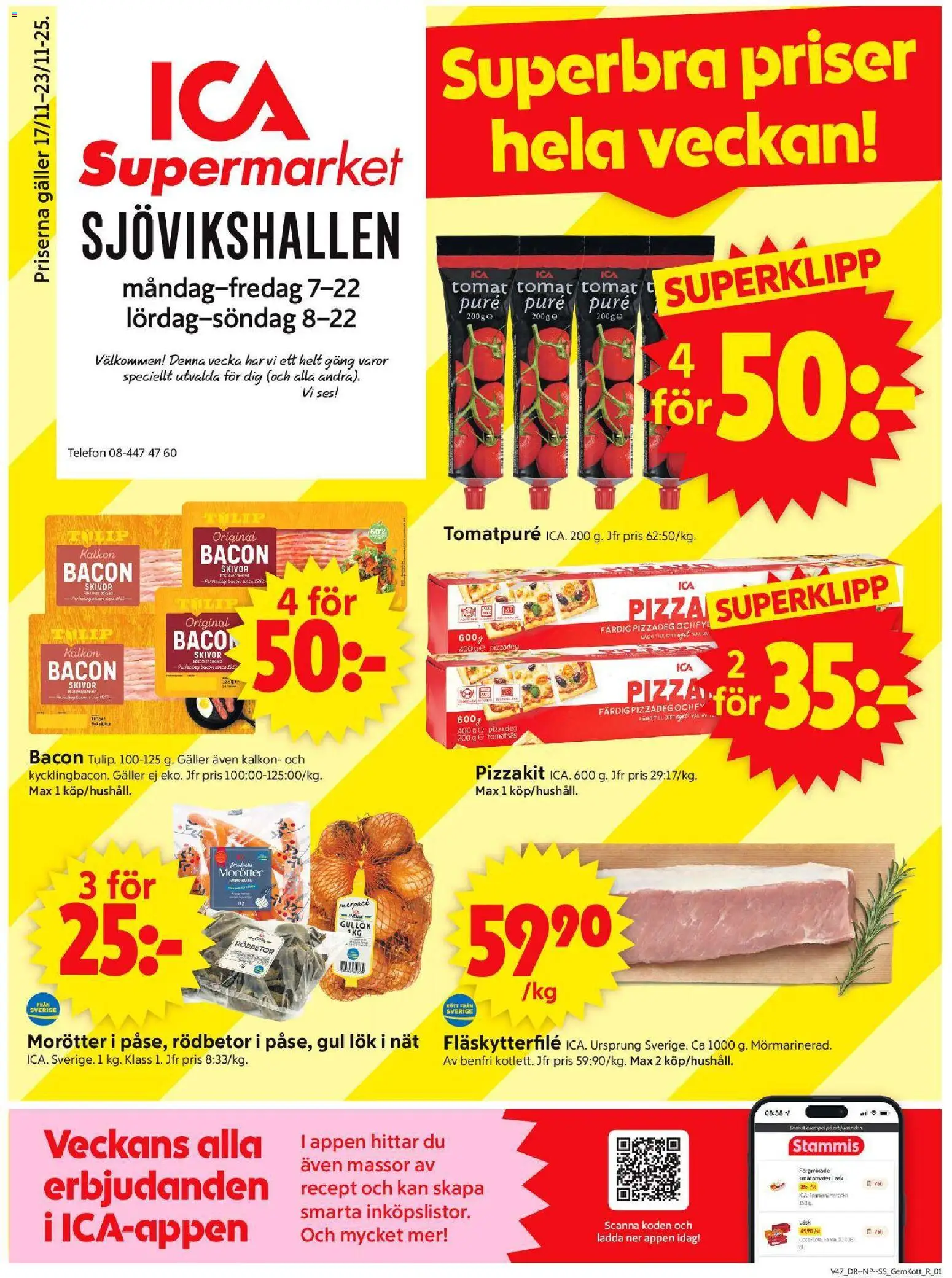 ICA Supermarket reklamblad aktuell från 17.11.2025 | Sida: 1 | Produkter: Bacon, Pizza, Kalkon, Telefon