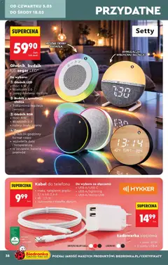 Pogląd oferty "Głośnik, budzik lub zegar LED*, Głośnik LED: moc 5 W, Bluetooth 5.0, zasięg działania do 10 m; Budzik z symulacją słońca: 3-stopniowa regulacja jasności; Głośnik RGB: moc 8 W, Bluetooth 5.3, kolory: biały, czarny; Zegar: 12- lub 24-godzinny format czasu, wyświetla datę i temperaturę, w zestawie: bateria, przewód" - ważna od 28.02.2026 | Strona: 40 | Produkty: Budzik, Ładowarka, Głośnik, Zegar