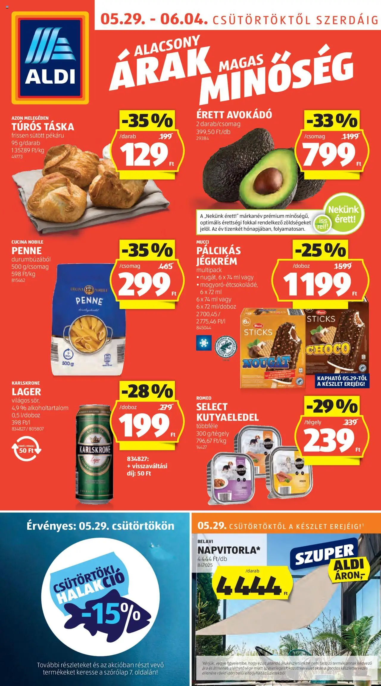 Aldi akciós ujság - amely érvényes a következő dátumtól: 29.05.2025 | Oldal: 1 | Termékek: Túrós táska, Penne, Avokádó, Pálcikás jégkrém