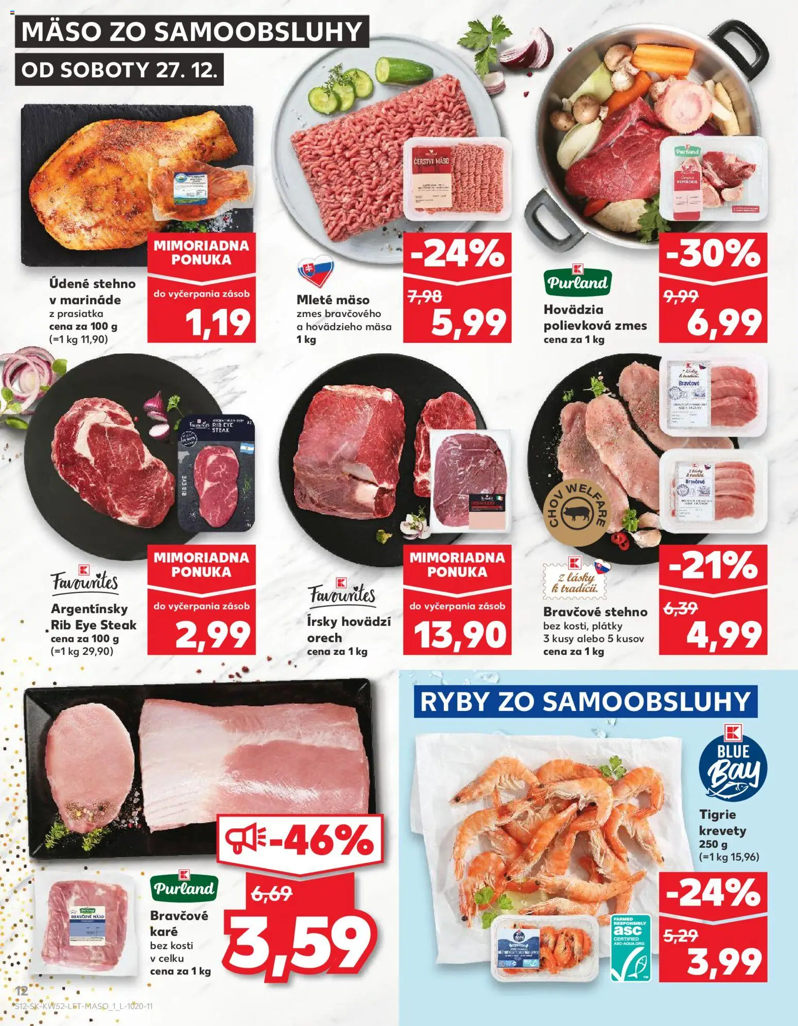 Nové Kaufland akcie – leták je platný od 27.12.2025 | Strana: 12 | Produkty: Krevety, Ryby, Bravčové stehno, Mleté mäso