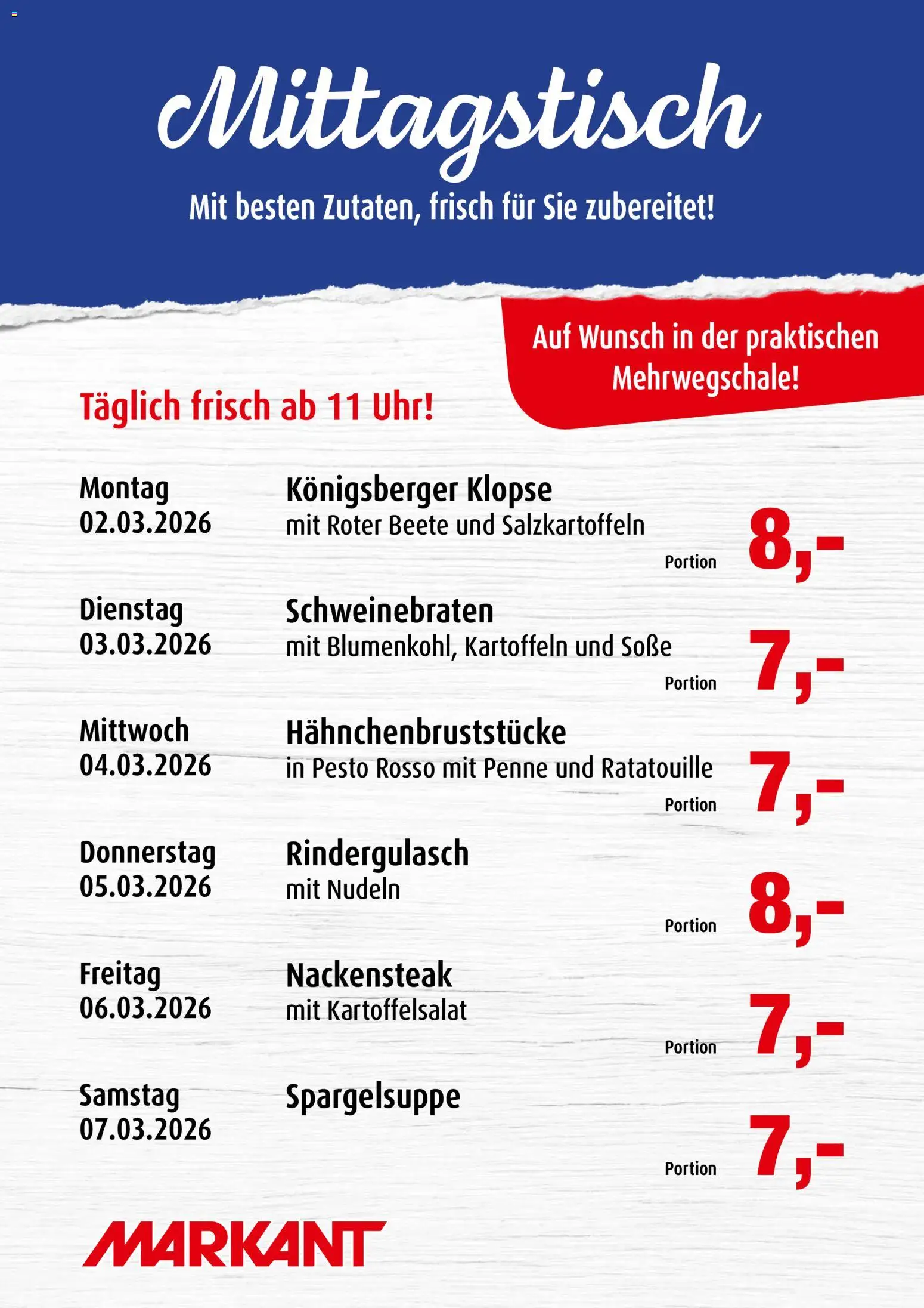 Markant Mittagstisch – gültig ab 02.03.2026 | Seite: 1 | Produkte: Kartoffeln, Soße, Nudeln, Uhr
