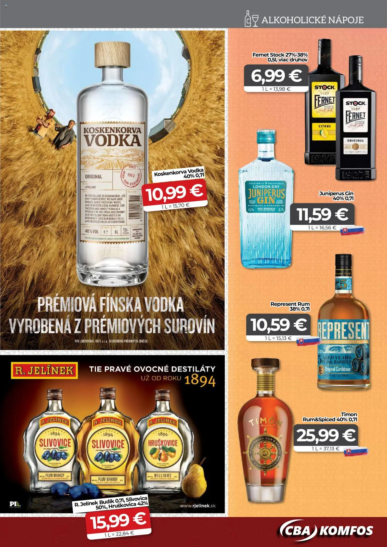 Nové CBA Komfos akcie – leták je platný od 12.12.2025 | Strana: 13 | Produkty: Slivovica, Gin, Brandy, Rum