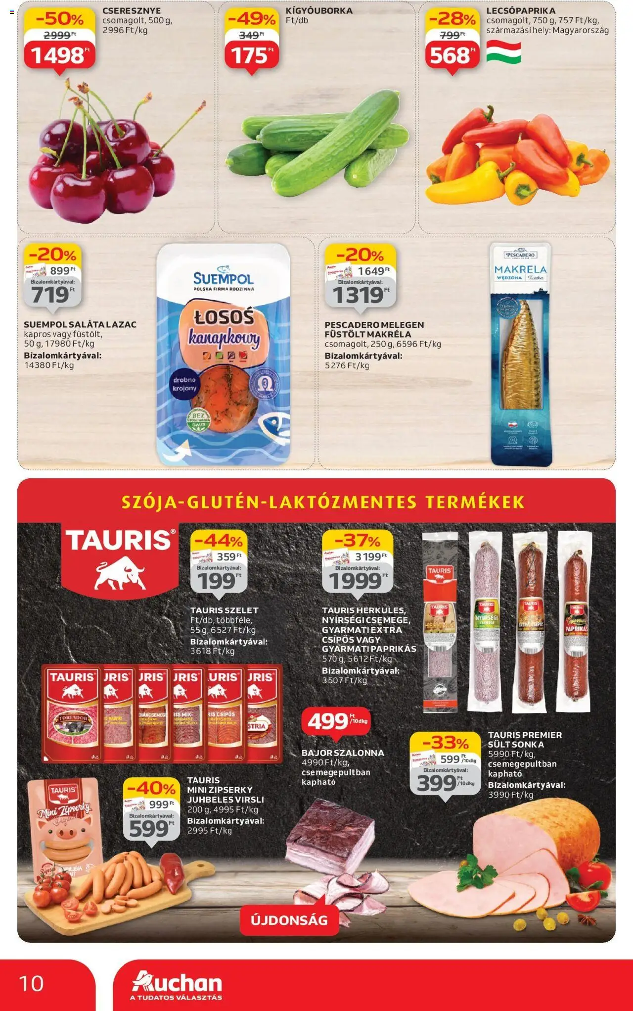 Auchan akciós ujság - amely érvényes a következő dátumtól: 12.06.2025 | Oldal: 10 | Termékek: Kígyóuborka, Makréla, Lazac, Saláta