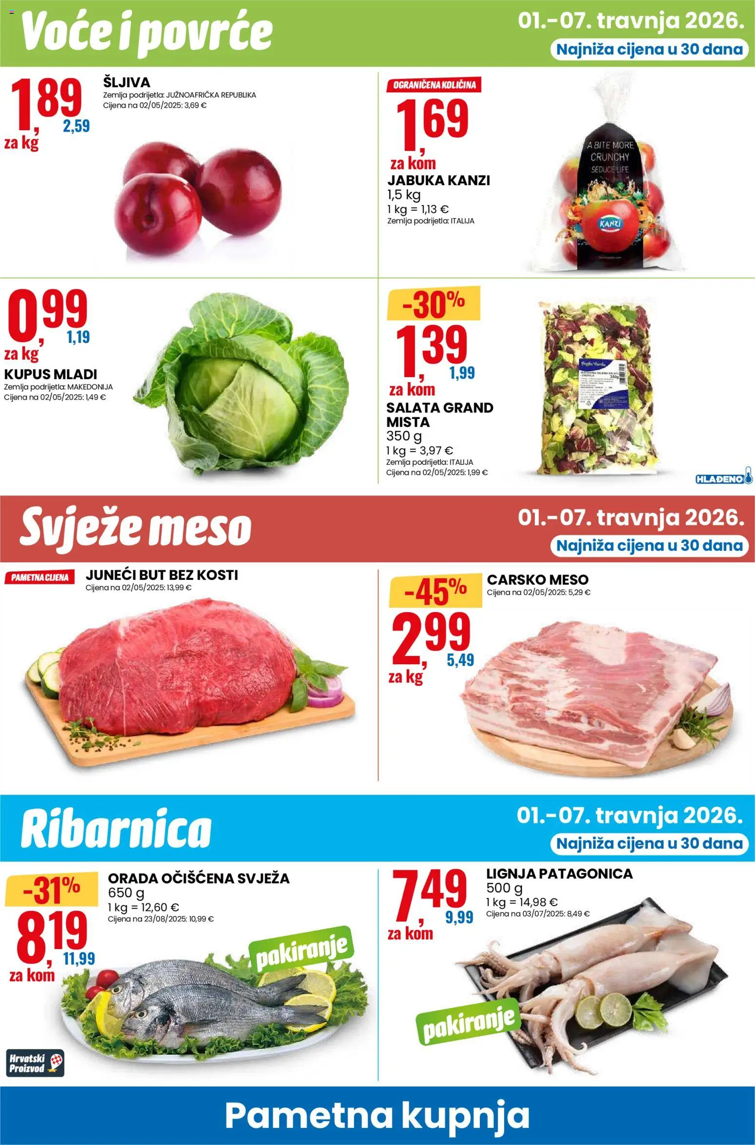 Eurospin katalog | vrijedi od 01.04.2026 | Stranica: 8 | Proizvodi: Juneći but, Carsko meso, Šljiva, Kupus