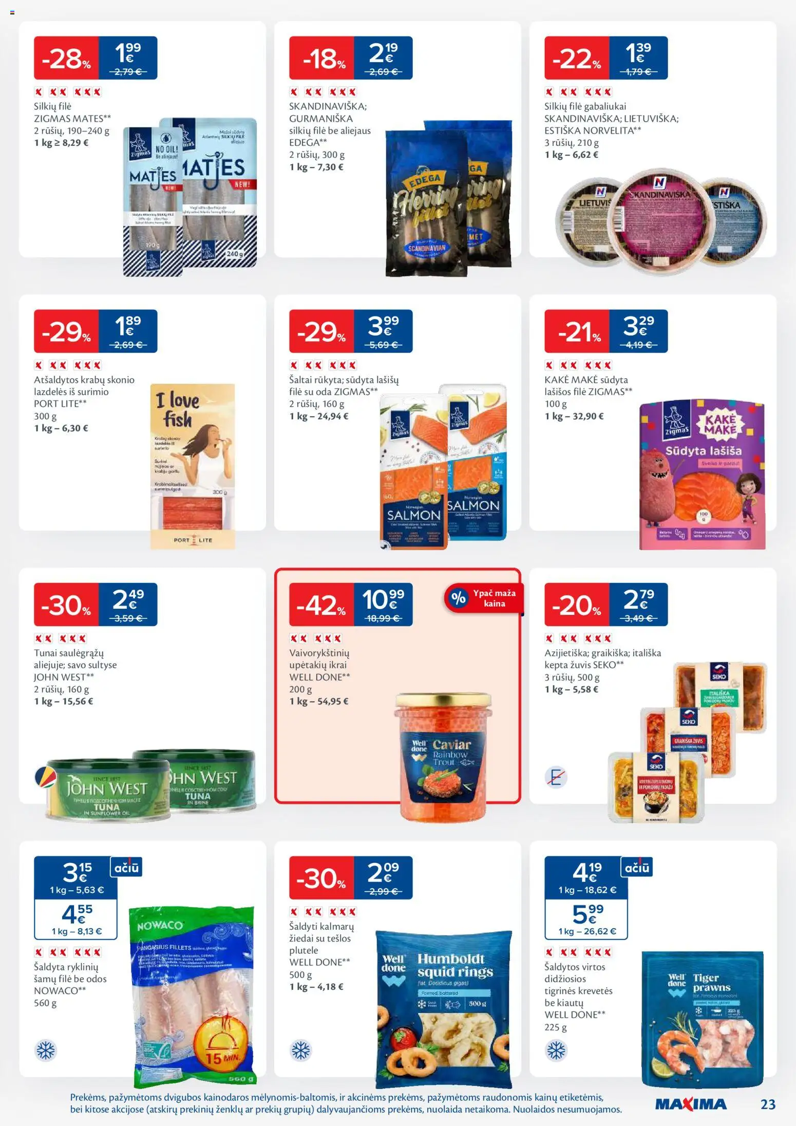 MAXIMA akcijos nuo 20.01.2026 | Puslapis: 23 | Prekių: Silkių filė, Lašišų filė, Lašišos, Žuvis