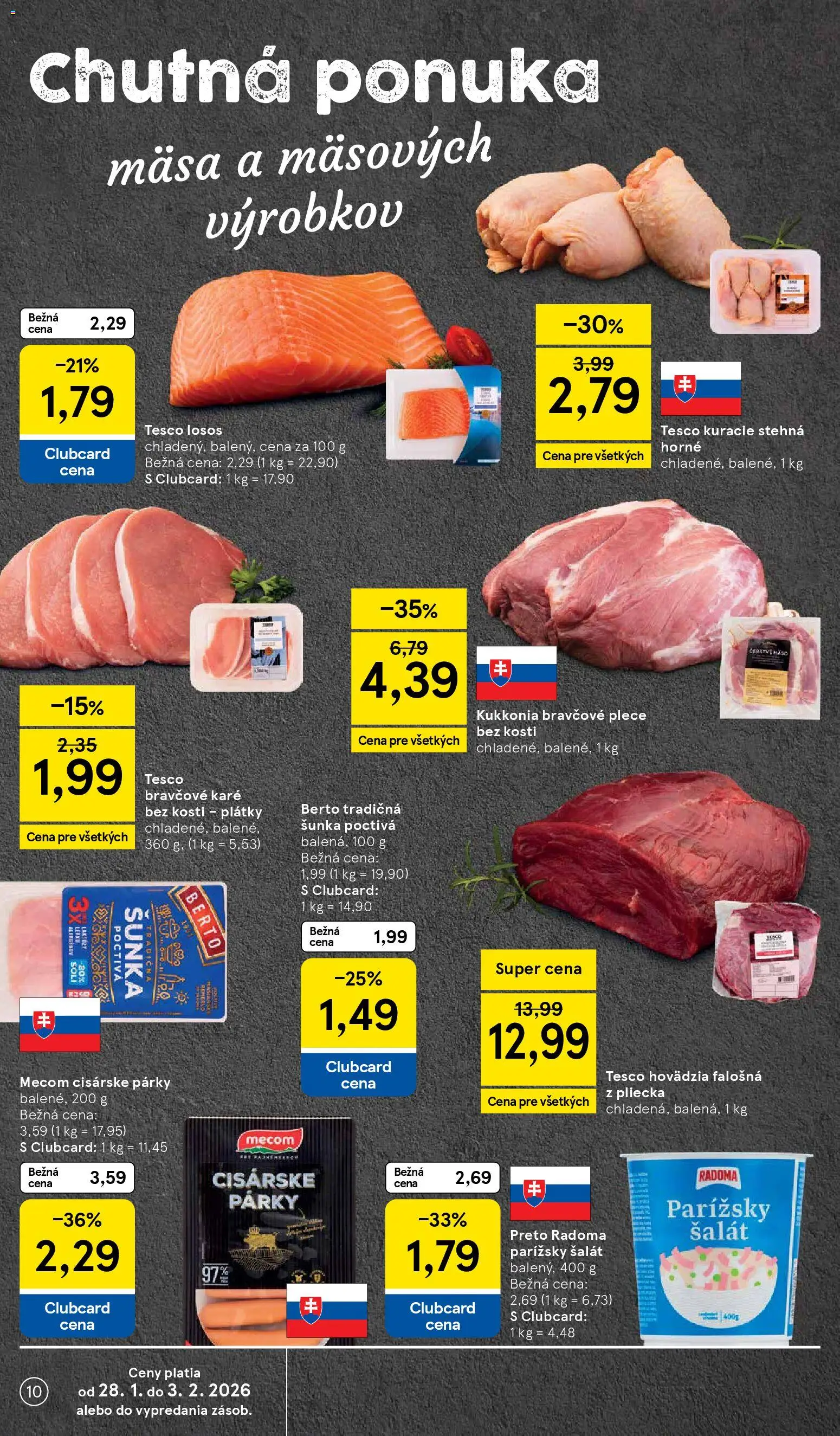 Nové Tesco akcie – leták je platný od 28.01.2026 | Strana: 10 | Produkty: Bravčové plece, Losos, Šalát, Bravčové karé