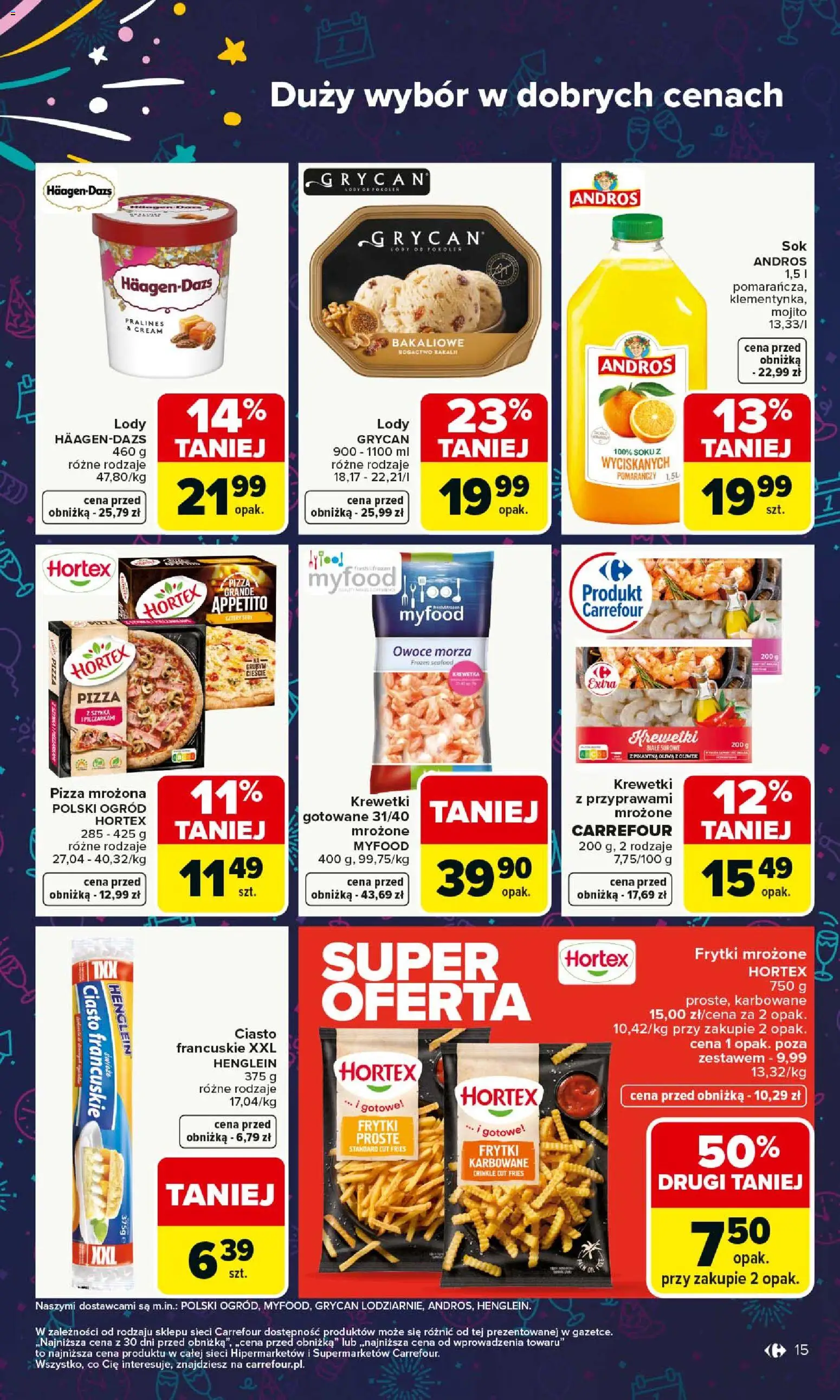 Carrefour Gazetka od 29.12.2025 | Strona: 15 | Produkty: Krewetki białe, Frytki mrożone, Pizza, Lody