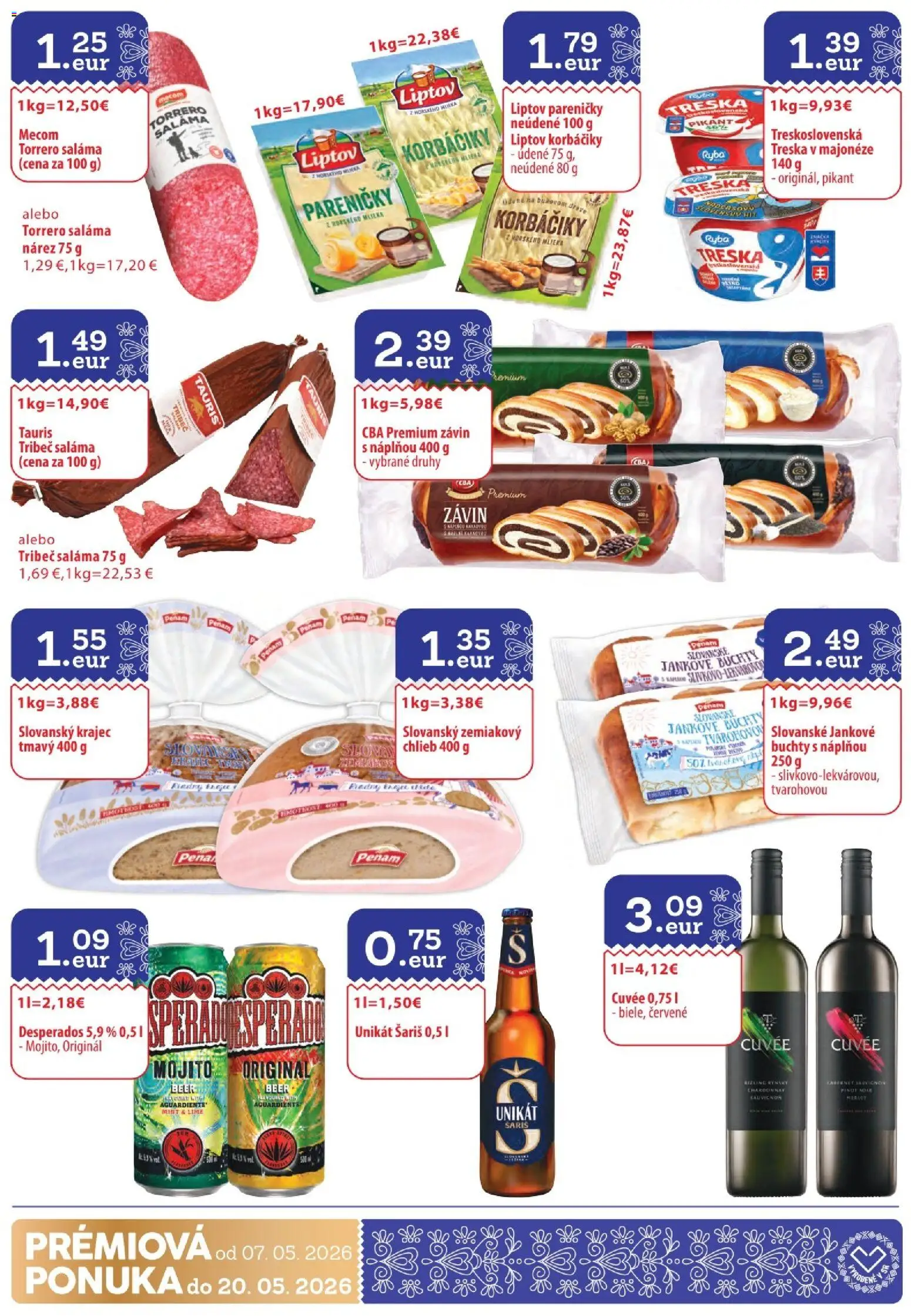 Nové CBA Komfos akcie – leták je platný od 07.05.2026 | Strana: 30 | Produkty: Desperados, Závin, Šariš, Treska