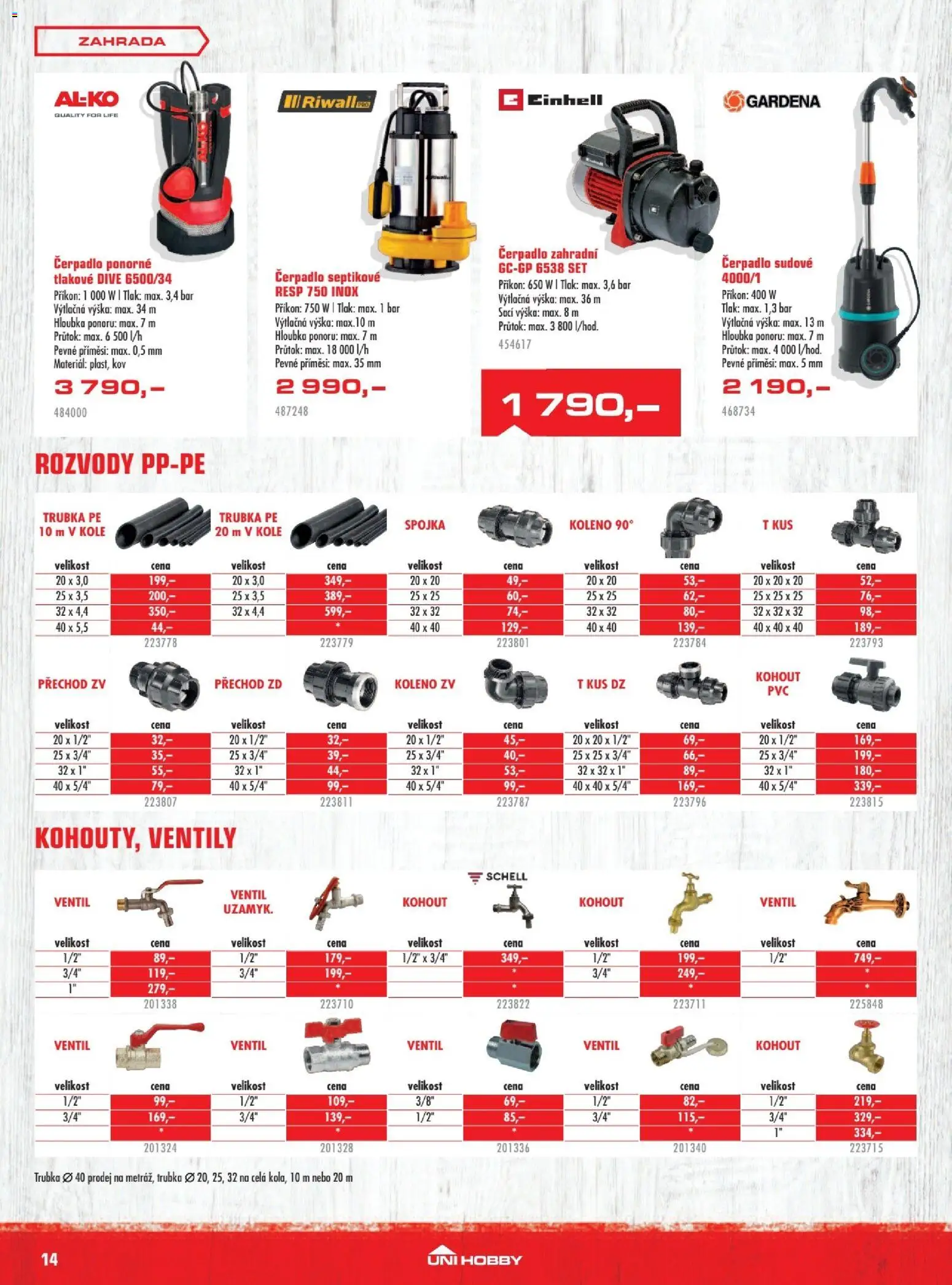 Uni Hobby leták od 30.04.2026 | Strana: 14 | Produkty: Zahradní čerpadlo, Ponorné čerpadlo, Trubka, Čerpadlo