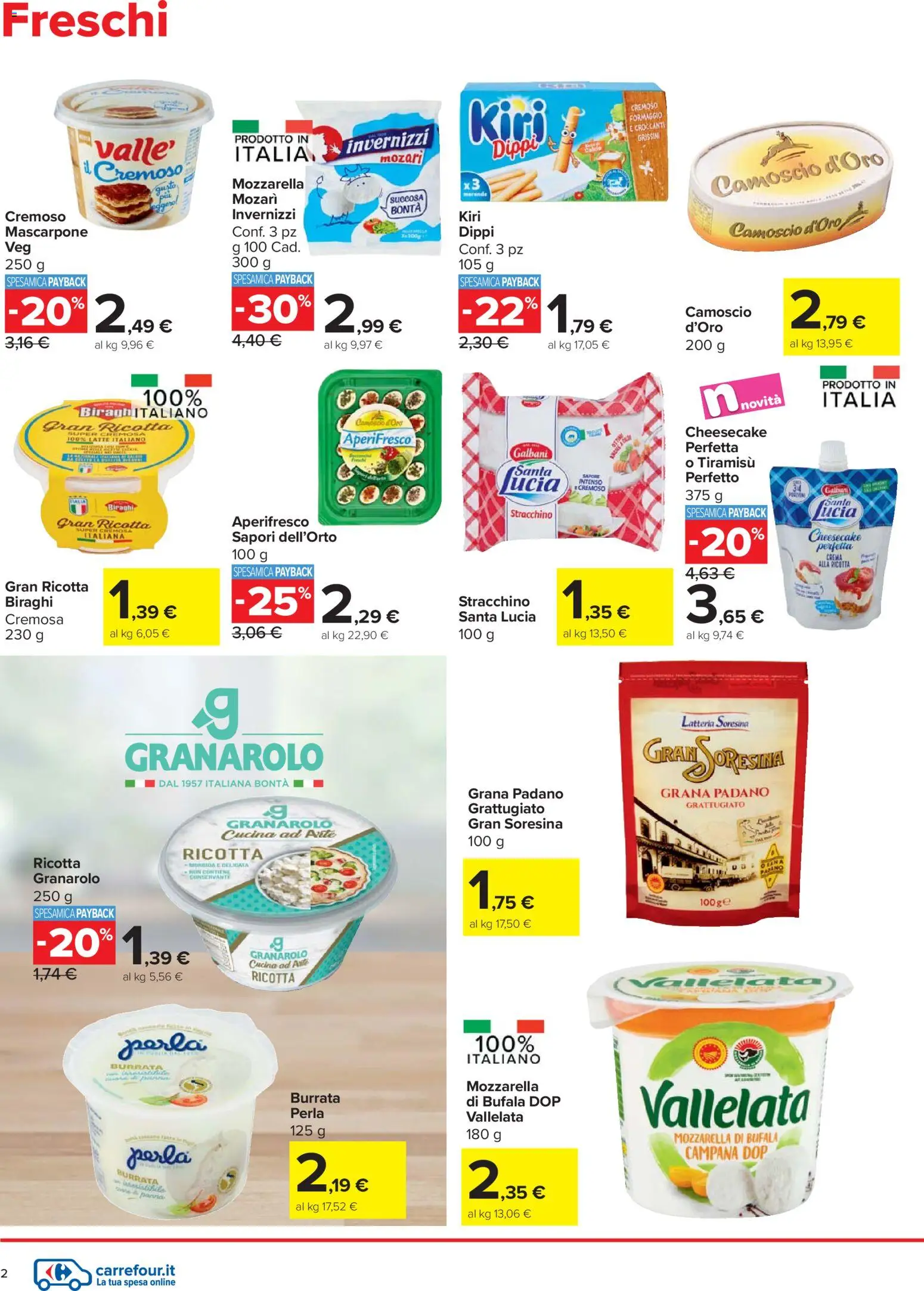 Volantino Carrefour del 27.11.2025 | Pagina: 2 | Prodotti: Mozzarella, Formaggio, Grana Padano, Stracchino