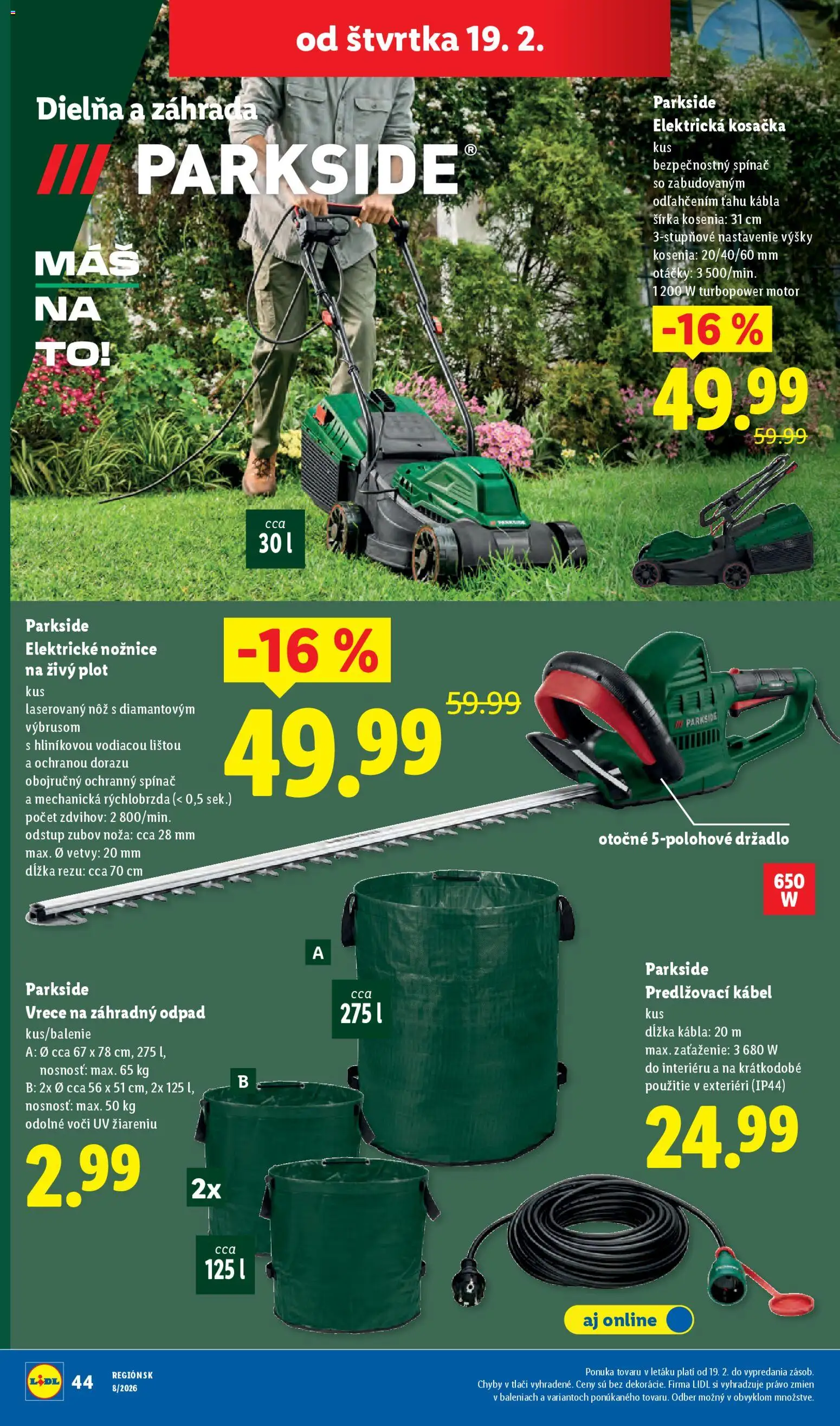 Nové Lidl akcie – leták je platný od 19.02.2026 | Strana: 28 | Produkty: Elektrická kosačka, Kosačka, Nožnice na živý plot, Parkside