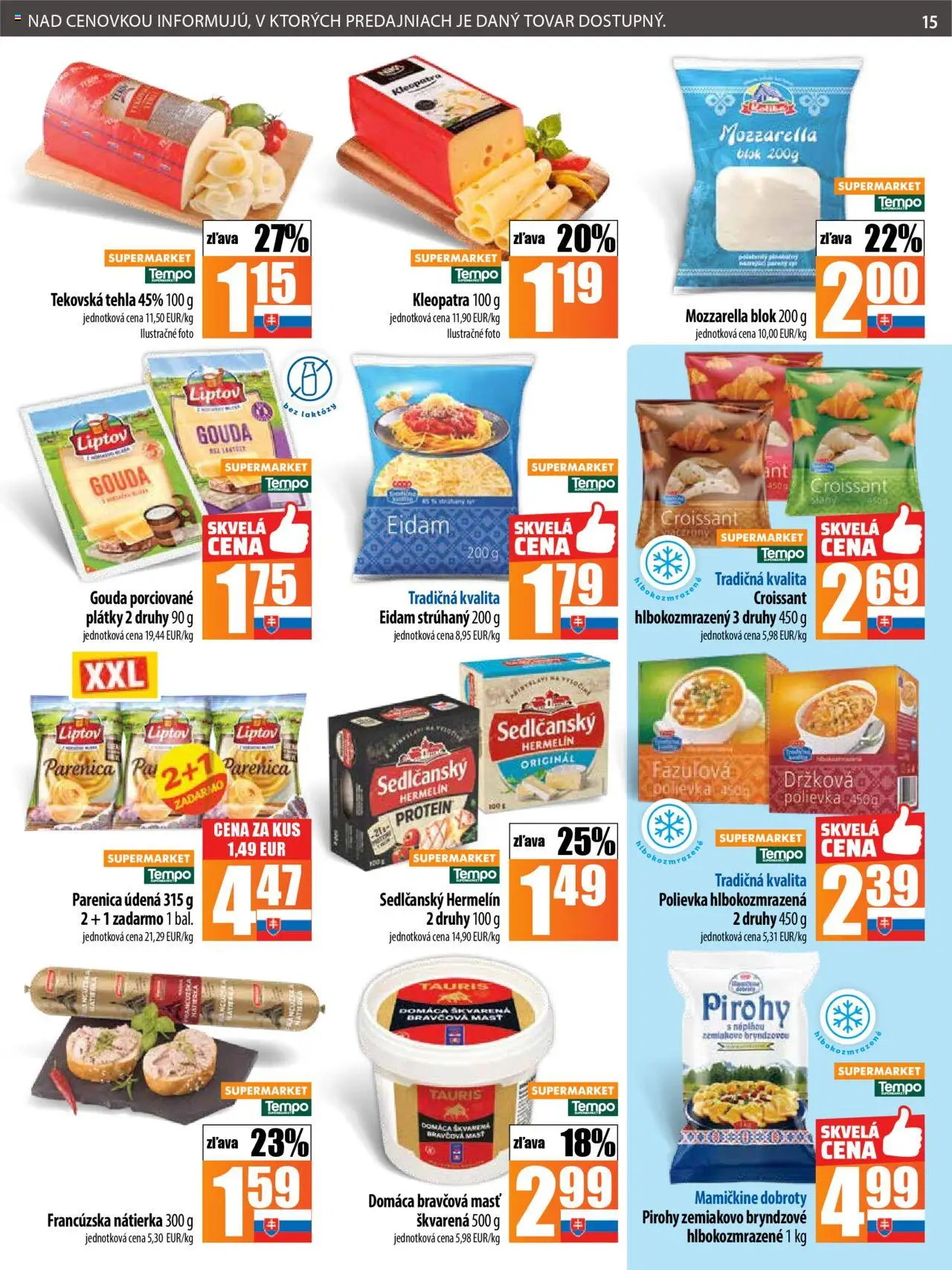 COOP Jednota leták │ platný od 17.07.2025 | Strana: 15 | Produkty: Croissant, Eidam, Mozzarella, Protein