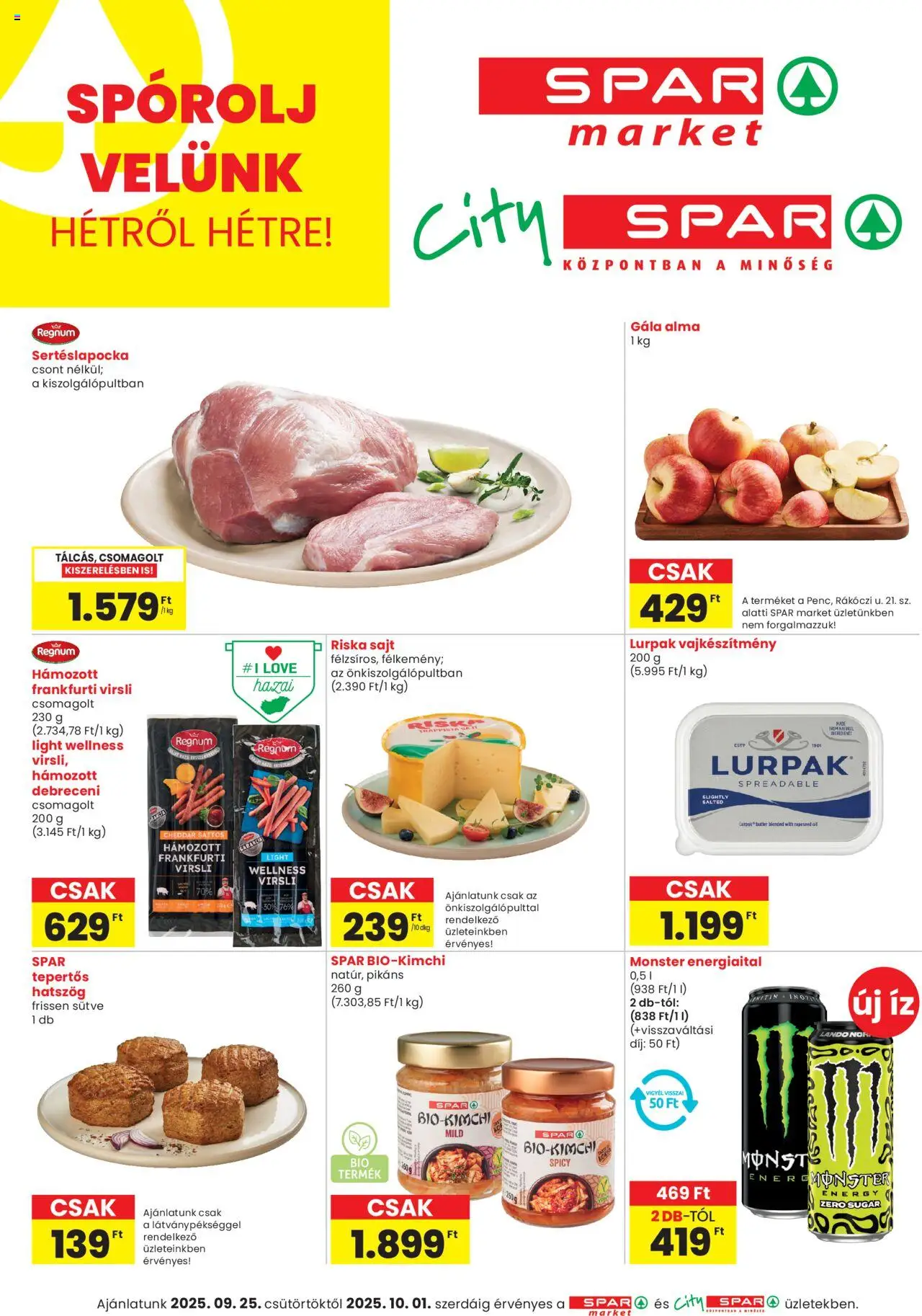 Spar Market akciós ujság - amely érvényes a következő dátumtól: 25.09.2025 | Oldal: 1 | Termékek: Virsli, Debreceni, Sajt, Cheddar