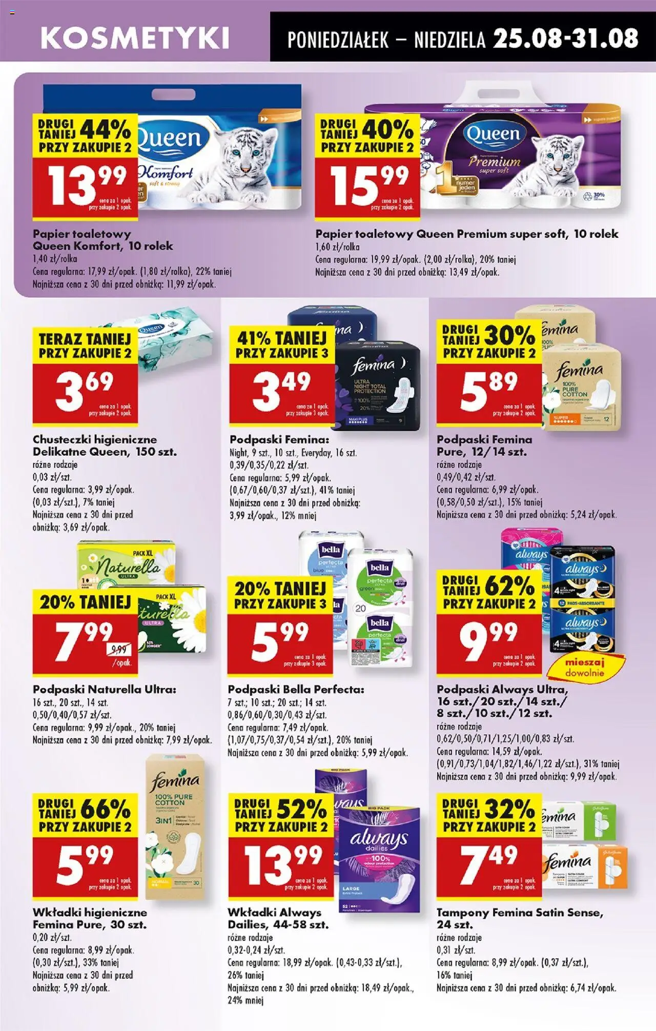 Biedronka gazetka od 25.08.2025 | Strona: 75 | Produkty: Papier toaletowy queen, Tampony, Kosmetyki, Chusteczki higieniczne