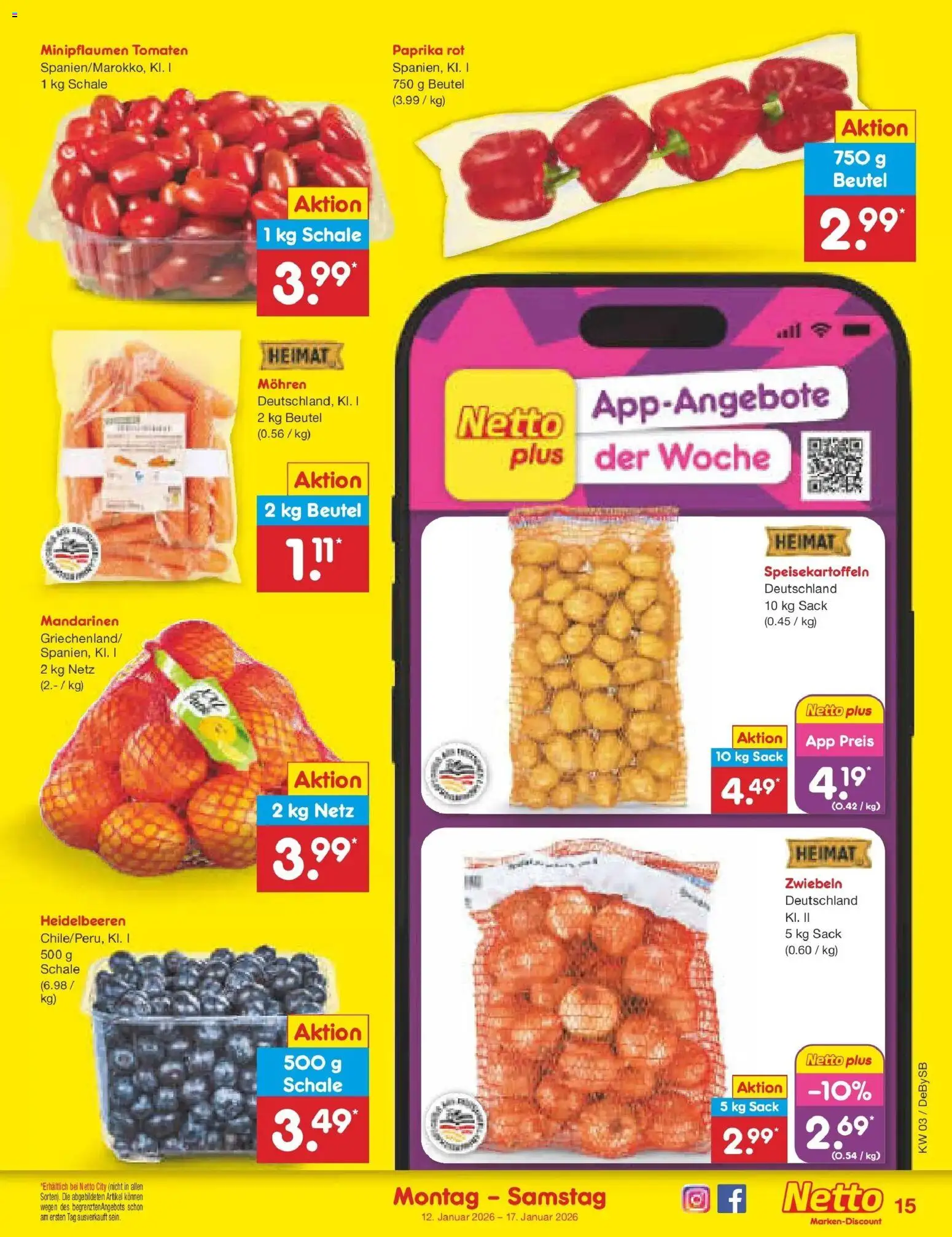 Netto Marken-Discount prospekt Thierhaupten	 – gültig ab 12.01.2026 | Seite: 15 | Produkte: Mandarinen, Tomaten, Heidelbeeren, Paprika