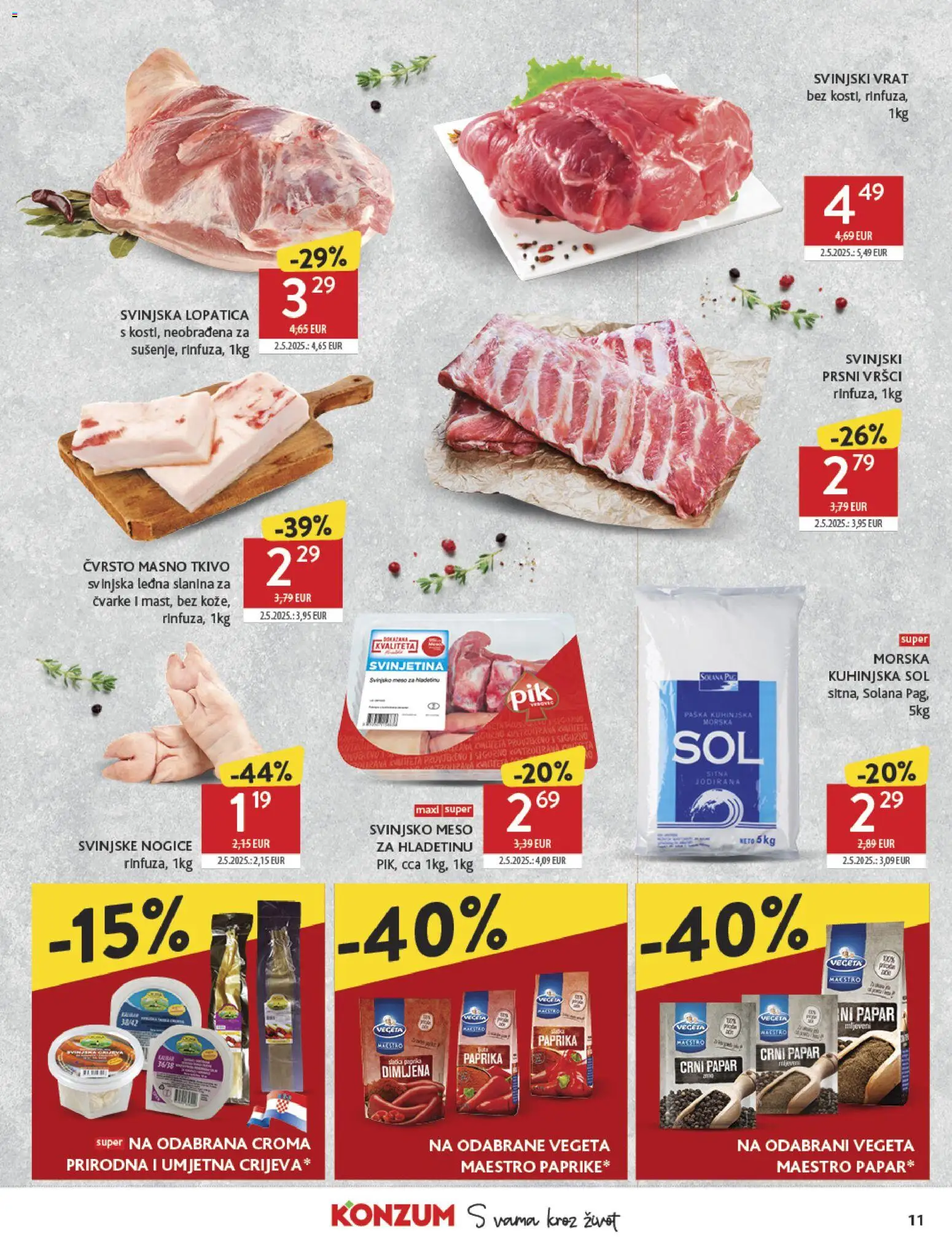 Konzum katalog | vrijedi od 12.11.2025 | Stranica: 11 | Proizvodi: Svinjski vrat, Slanina, Sol, Vegeta