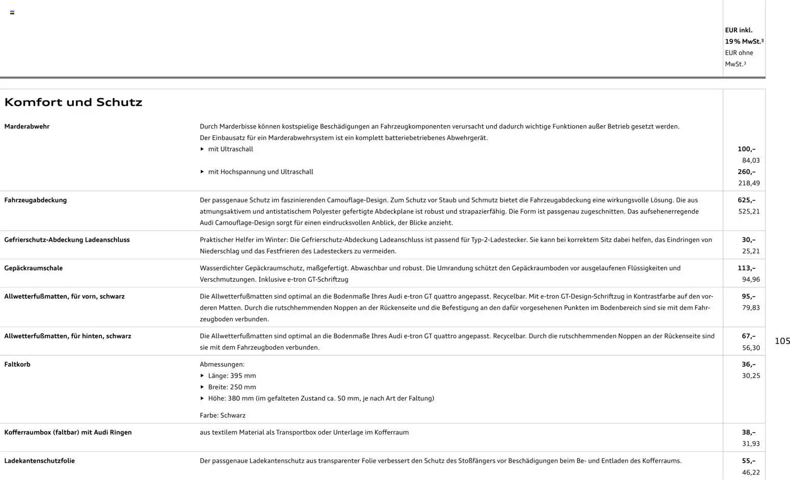 Audi e-tron GT – gültig ab 28.10.2025 | Seite: 105 | Produkte: Sitzbank