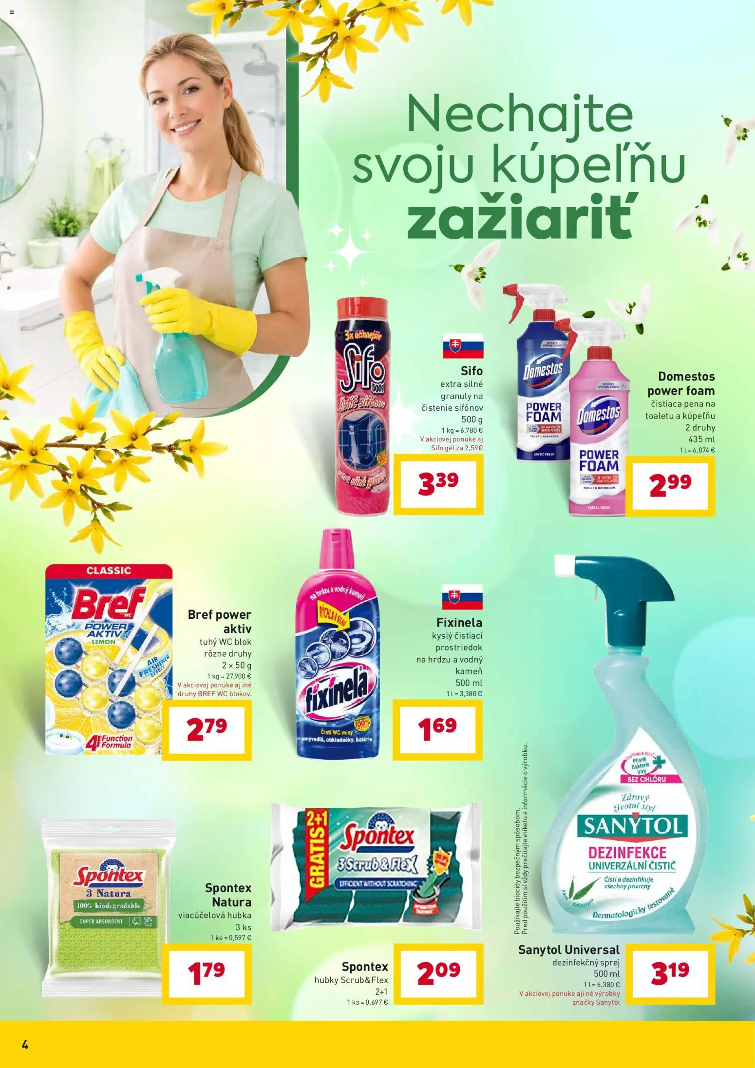 Nové Billa akcie – leták je platný od 25.02.2026 | Strana: 4 | Produkty: Sanytol, Hubka, Wc blok, Domestos