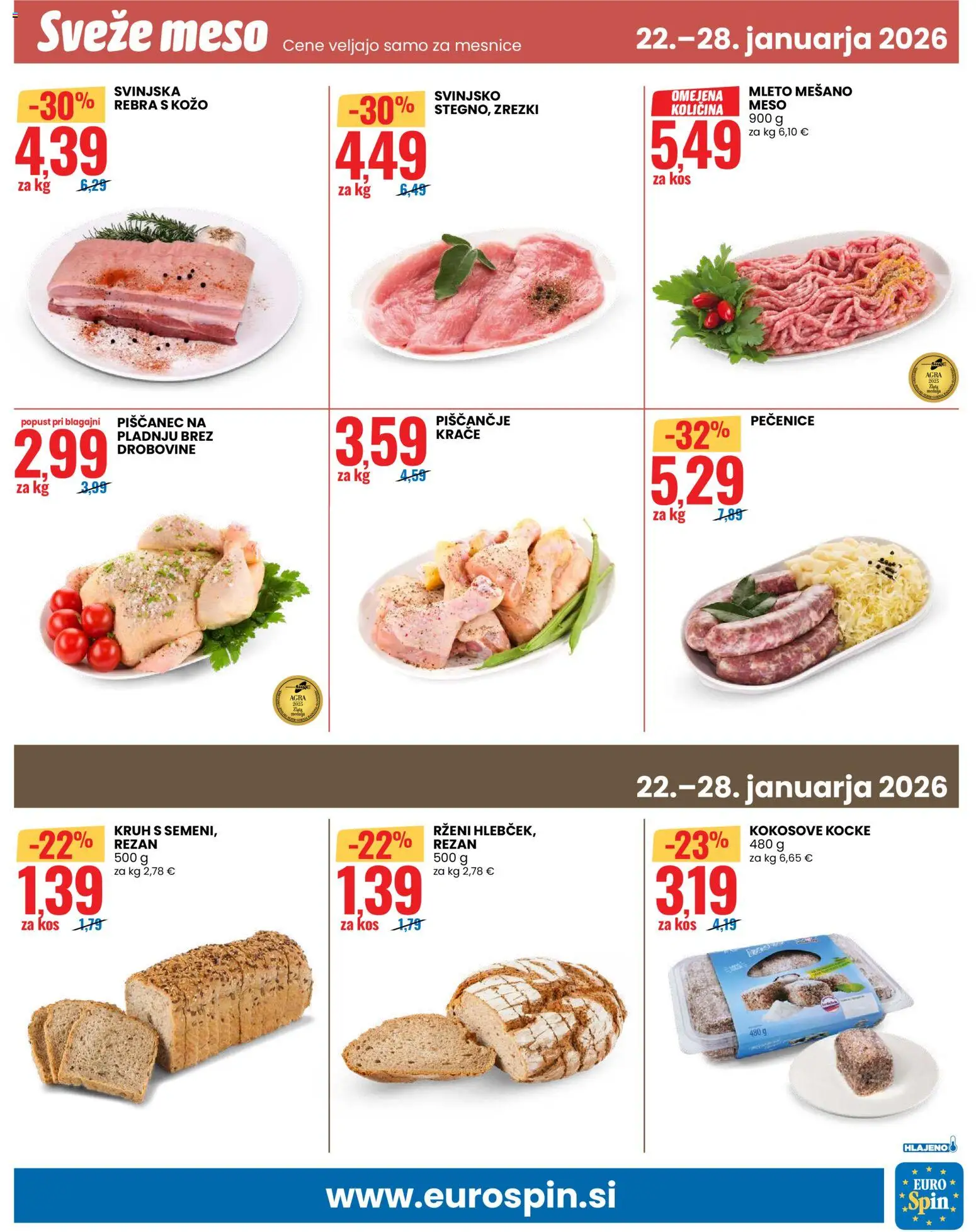 Novi Eurospin katalog ponudbe – veljaven od 22.01.2026 | Stran: 13 | Izdelki: Kos, Zrezki, Kruh