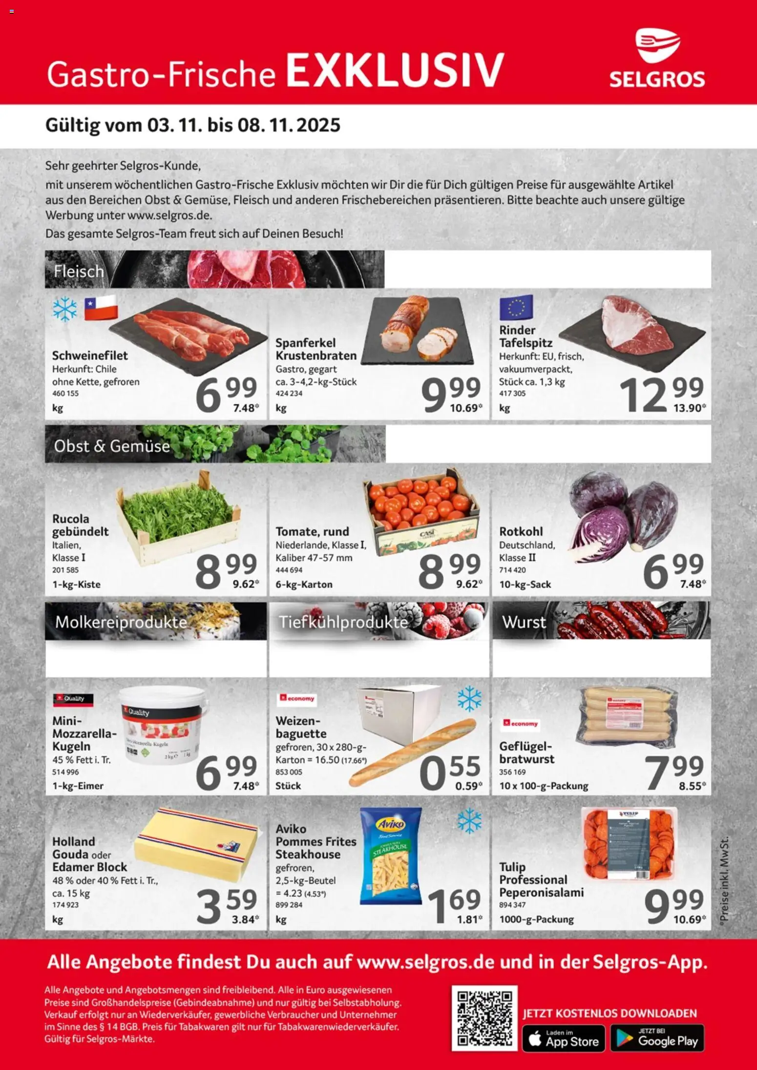 Selgros Gastro Angebote – gültig ab 03.11.2025 | Seite: 1 | Produkte: Gouda, Rucola, Pommes frites, Obst